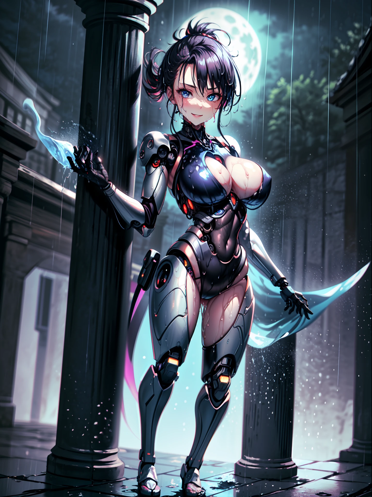 ((full body, standing):1.5) ((1woman+cyborg+ninja):1.2): only she is wearing mecha+ninja+spiderman clothes, black with white parts, extremely tight on her body, only she is doing erotic pose for the viewer, smiling, look of pleasure, expression of, naughty face, leaning against a pillar, only she has short purple mohawk hair and sparkling blue eyes, only she has ((extremely large breasts and is with her whole body wet with water):1.2), only she is in a mythical temple with ((ghostly environment, it's night, raining heavily):1.2), 1 full moon in the sky.