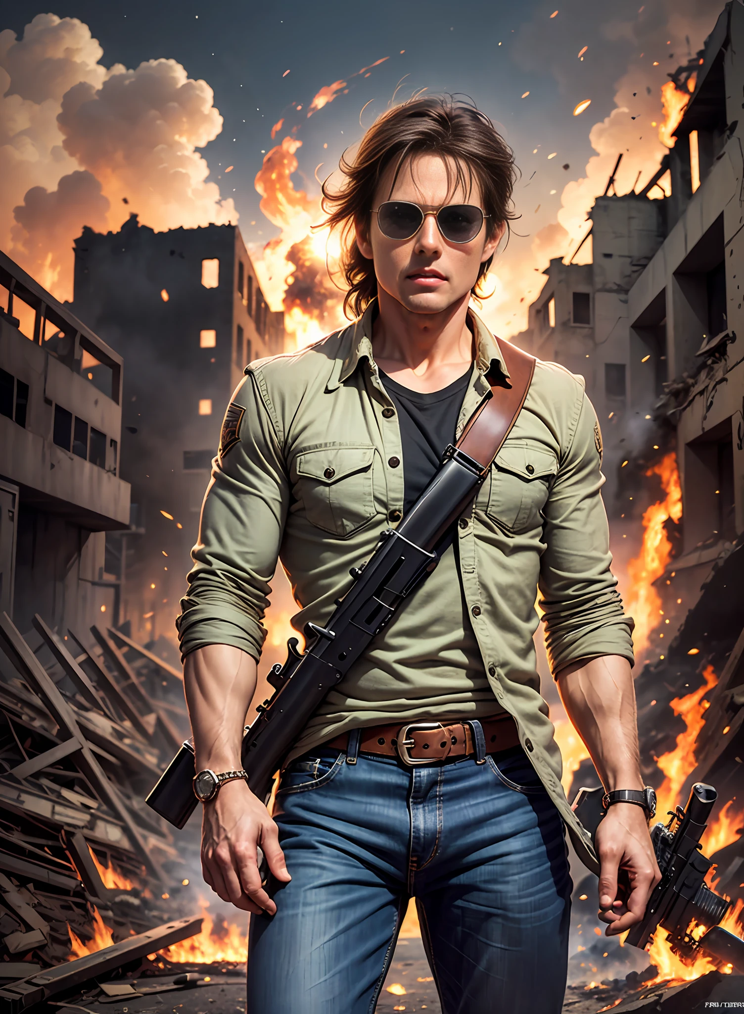 TOM CRUise, average hair, sun glasses, Jeans, 1 cinto, coldre, Rebites, Capa Preta Longa, apenas um corpo, big gun in the hands, in the ruins, explosions behind, fire behind, vista frontal, noite.