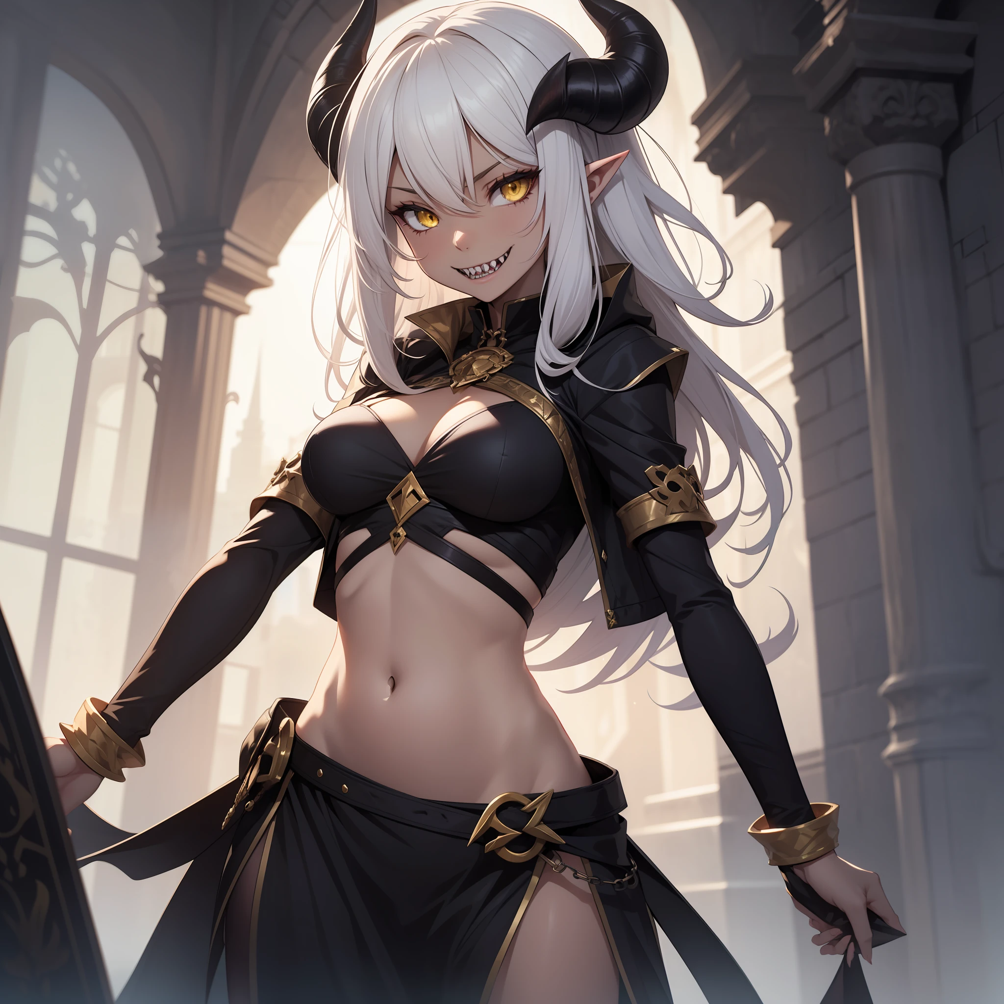 solo female, demon, white hair, yellow eyes, dark skin,, horns, pointy ears, fantasy clothing, medium breasts, sharp teeth, evil smile, navel
