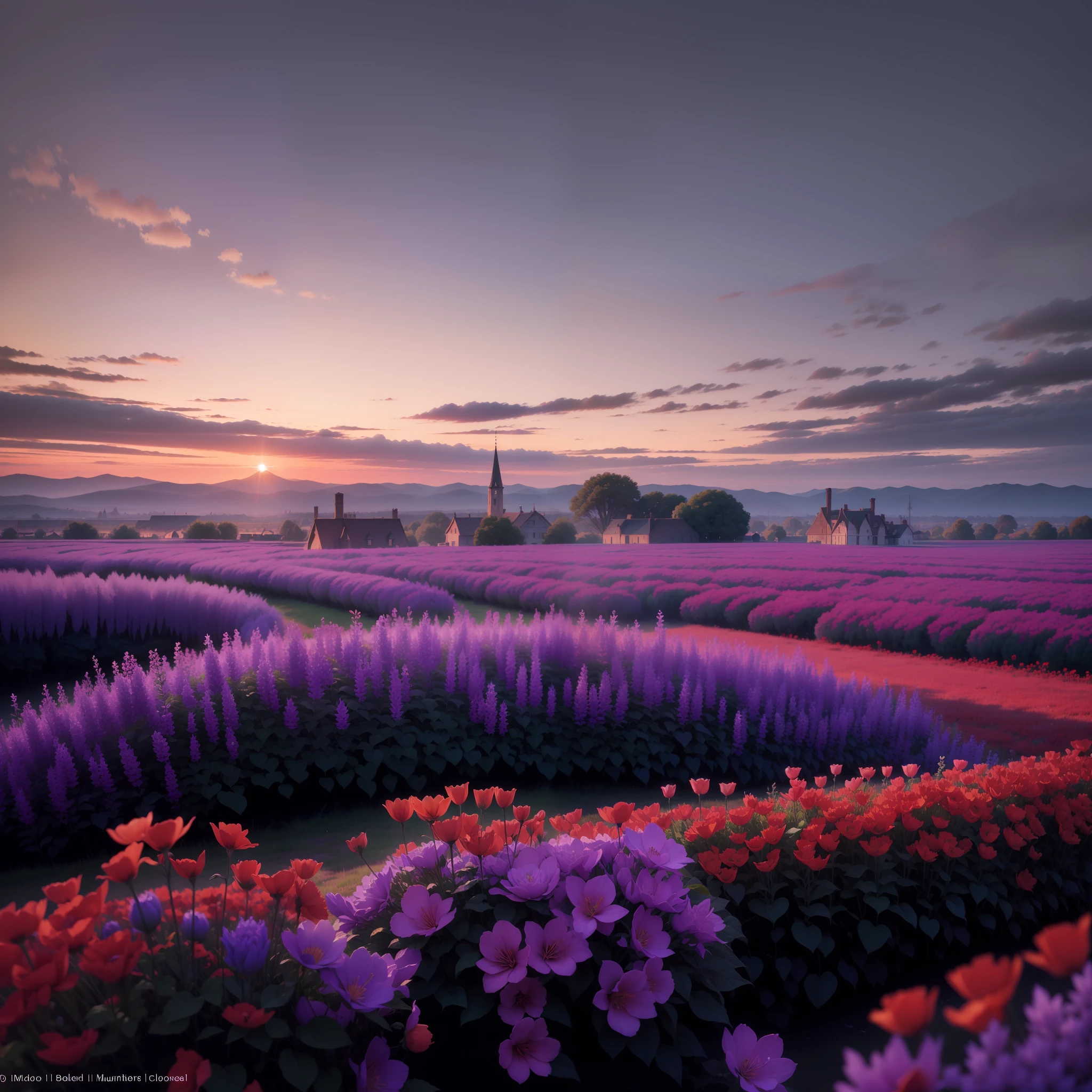 Exceptionally gorgeous panorama of a medieval city, sundown, large poppies brightly lit in the foreground, (window with multicolored stained-glass), tall flowers, bushes with flowers, roses, lilacs, pink, mauve, red, lupine, large flowering trees, hut, mossy roof, soft light, shadows, haze, clouds, clouds, perfect composition, perfect proportions, super detailed image, deep color