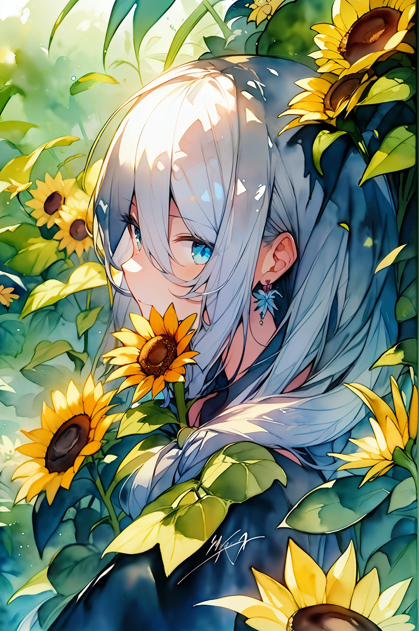 (watercolor of:1.2),1girls, solo, Floral, sunflower, sportrait, foliage, Hair bangs, signatures, yellow flower, hakuhatsu, long long hair, blueeyes, Hair between the eyes, Flower earrings