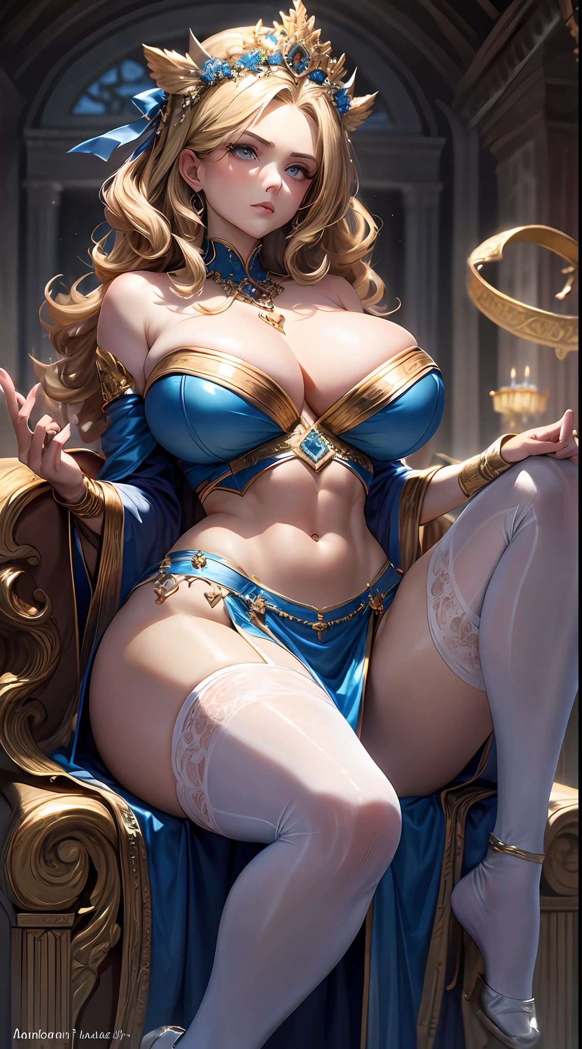 Greek goddess Aphrodite, serious and sexy face, has a face of supernatural beauty and short curly blonde hair decorated with flowers, as well as blue eyes. (perfect anatomy) , (perfect eyes) Her figure is extremely voluptuous, Gigantic breasts, Heavy breasts, Fitness hip, fabric covering breast, cracked abdominal muscle, White silk dress, big abs muscle, she sits on her great throne of Greek marble, work of art.