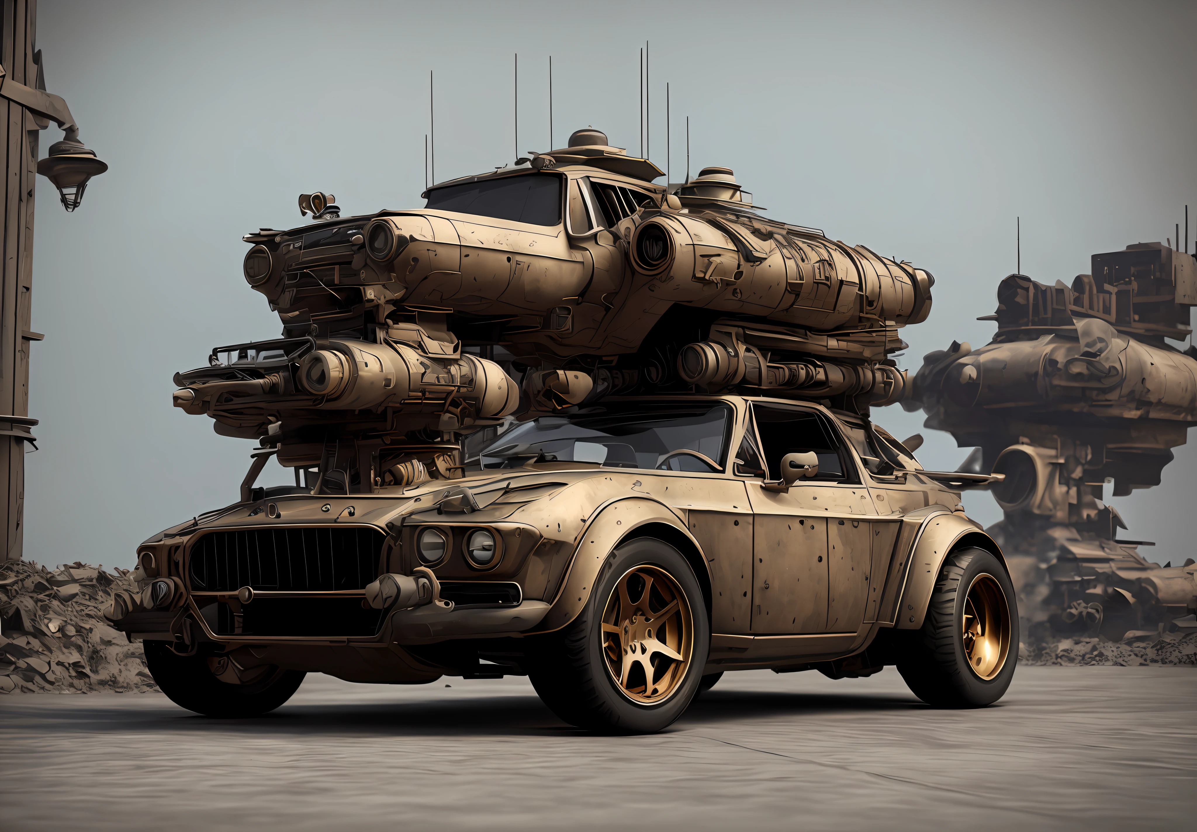 Hay un coche con una armamento encima, Cannons, bombas nucleares, and apocalyptic destruction, vivid steampunk concept, Steampunk renderizado en 3D, 3D render estilizado, coche steampunk, colorful sci-fi steampunk, Render Art Nouveau Octane, Renderizado 3D estilizado, Renderizado 3D hiperdetallado, Renderizado 3D hiperdetallado, Surrealista 3D render, Renderizado 3D Arte Digital