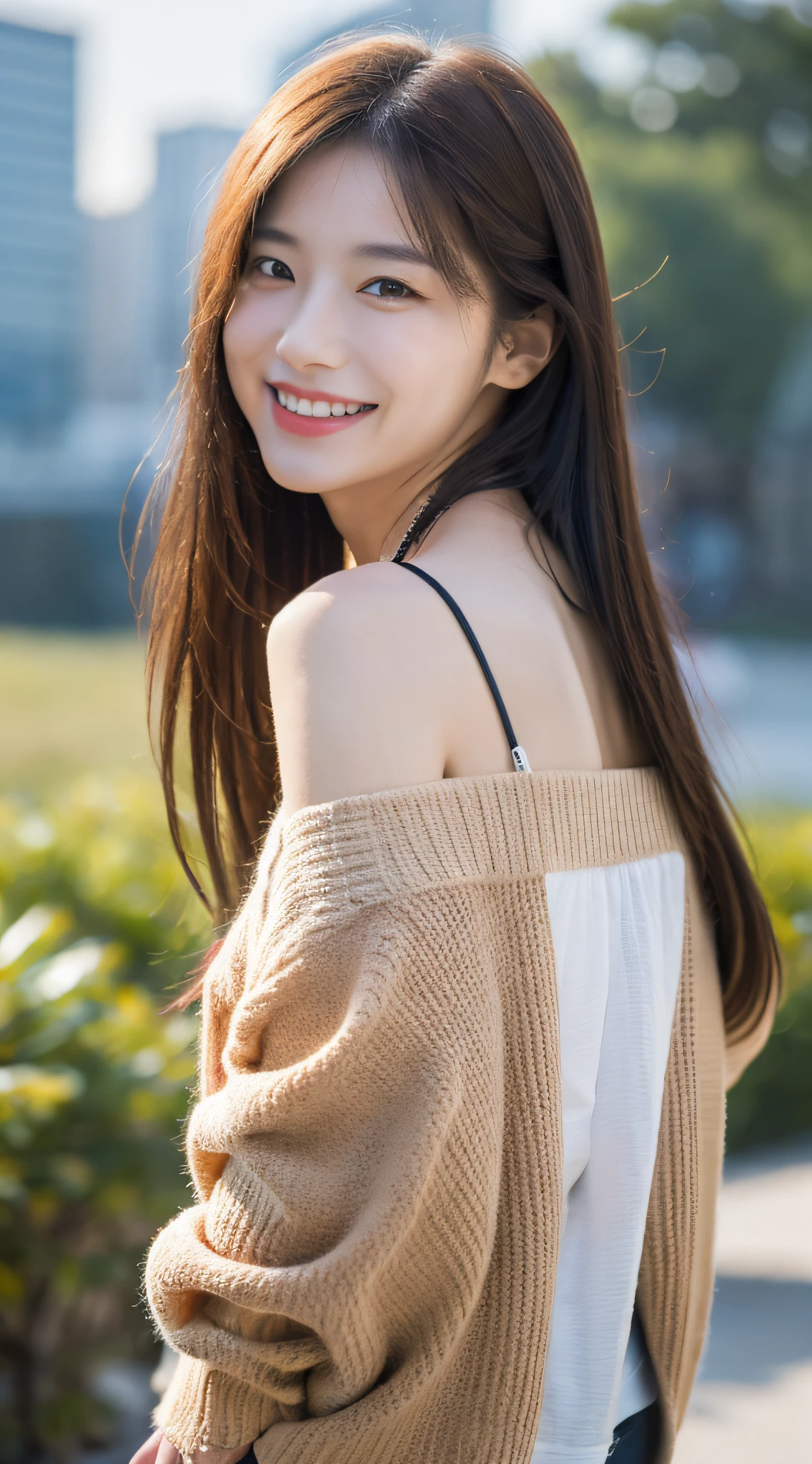 best quality, masterpiece, ultra high res, photorealistic, 1girl, offshoulder, smile