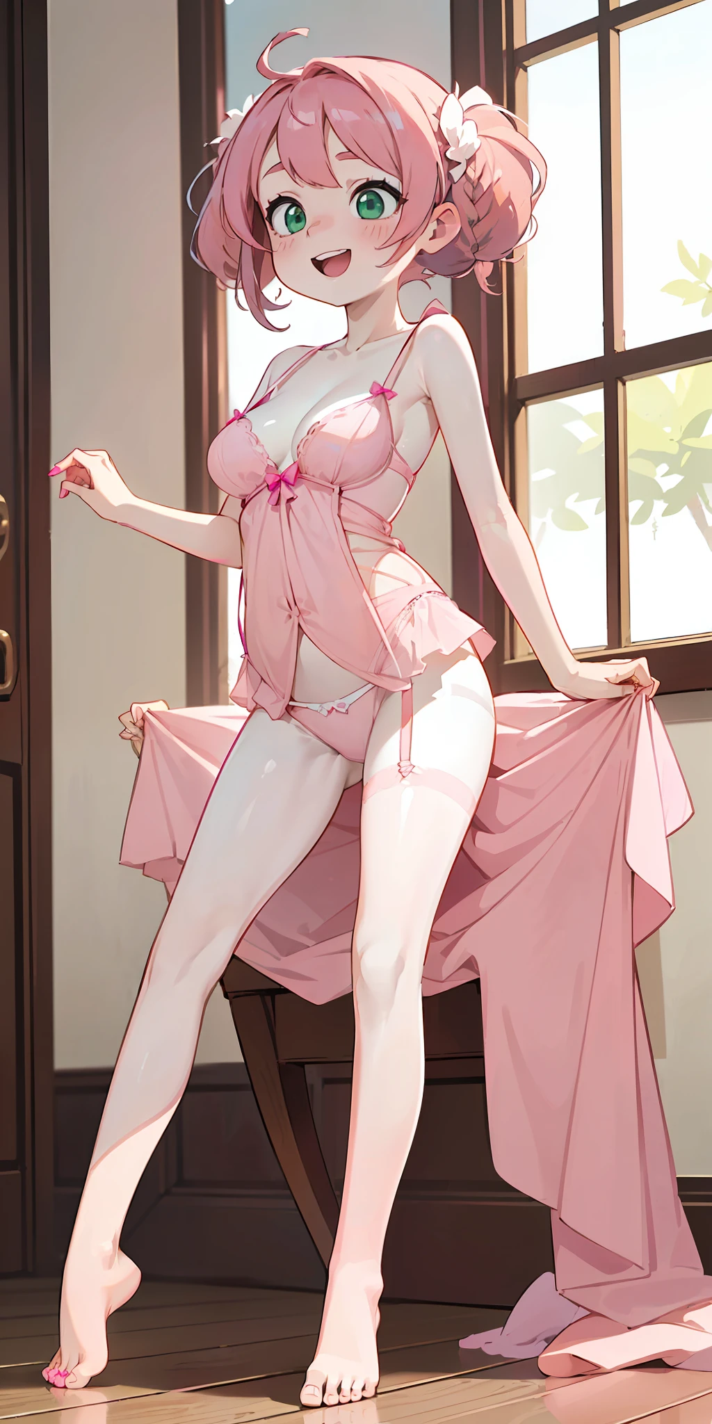 Cute (pink haired:1.6), (twin curly tails hairstyle.), (green eyes), Young:1.3 Anime Girl, (opaque:2 lingerie:1.3), (pale smooth skin:1.6) Bare feet, (bare legs:1.4) (Feeling happy excited) (self touching), (Full body view), long toe nails, crossed legs.