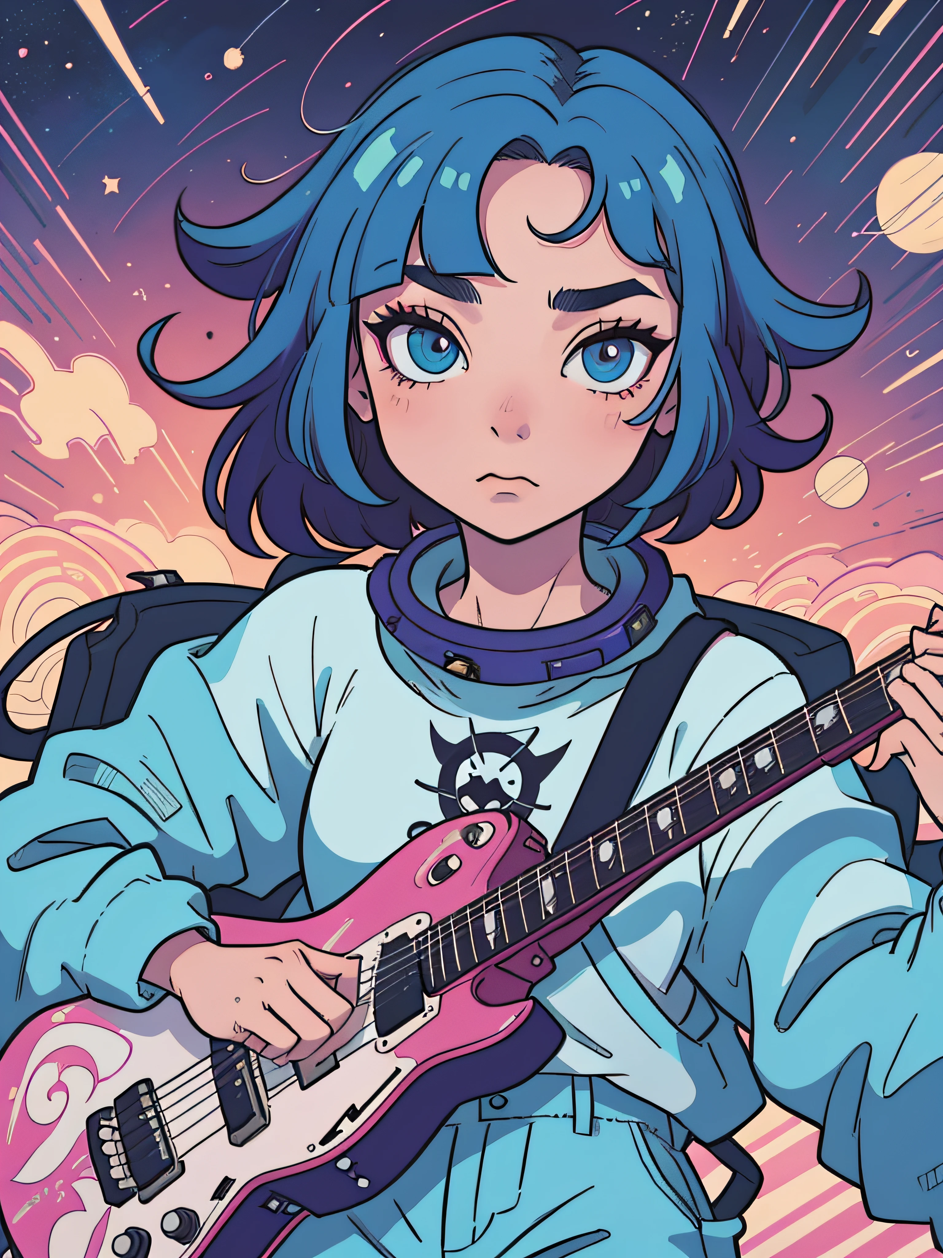 a close up of a person with a guitar and a guitar, inspired by Harumi Hironaka, girl in space, inspired by Tadanori Yokoo, in style of laurie greasley, laurie greasley, pop punk art style, tatami galaxy, cyber space cowboy, by Harumi Hironaka, celestialpunk, laurie greasley and james jean