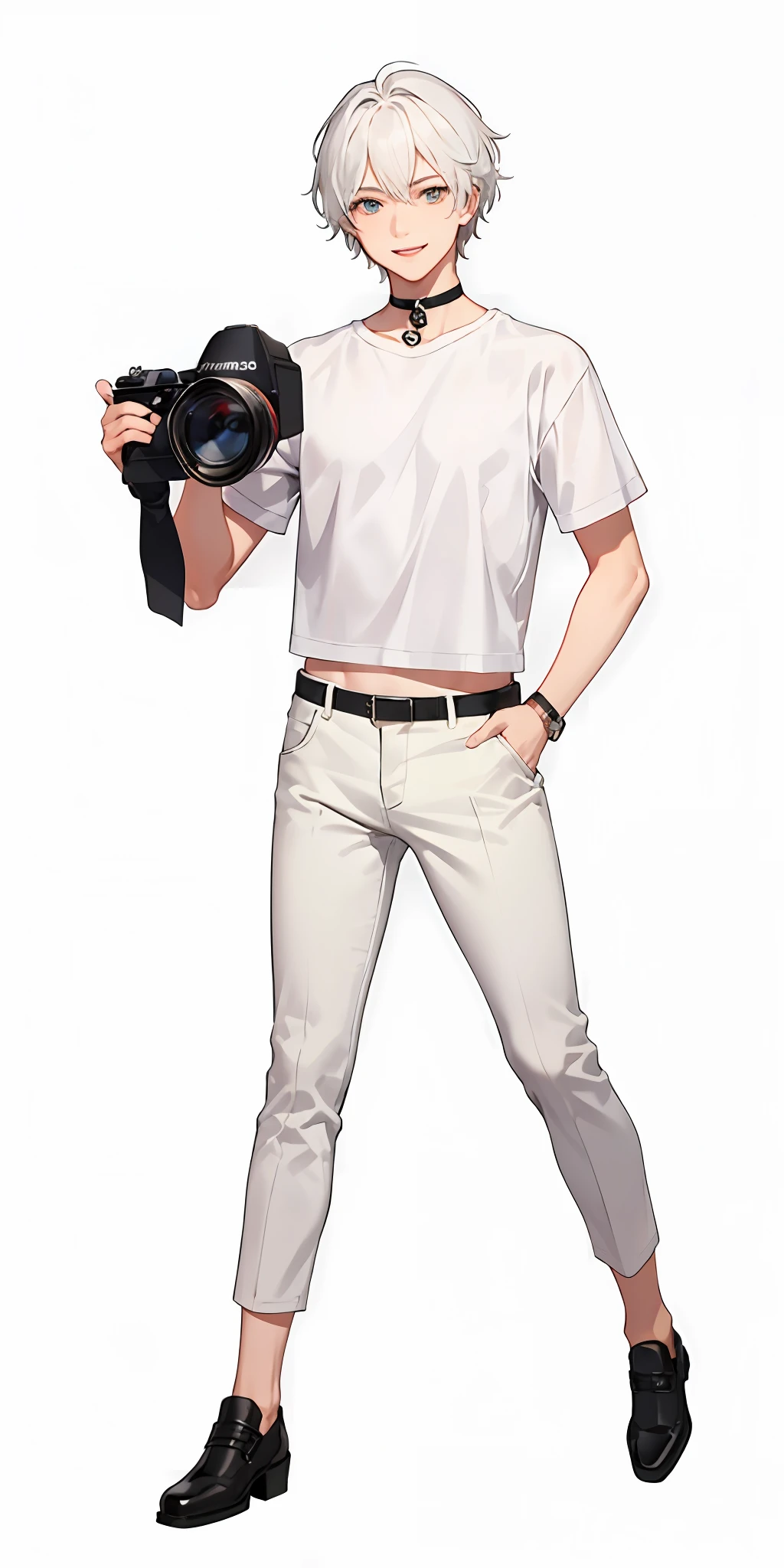 Translation: Semi-realistic, 1 boy, 1man,casual outfit, white Cropped shirt, tight black pants, defined body, white hair, choker, smiling, full body, completely white background, holding a camera.