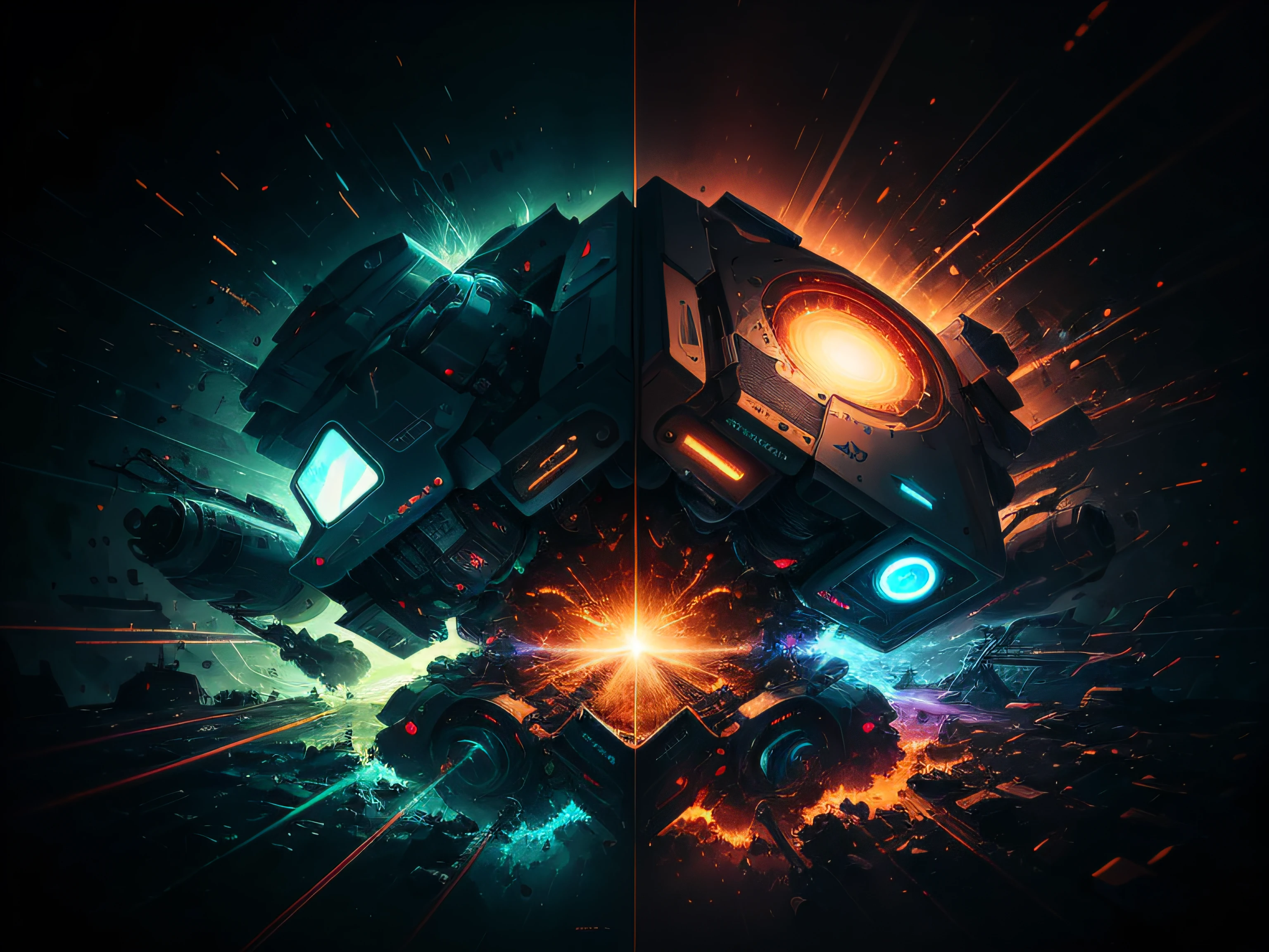 1. A fragmented face composed of mechanical and electronic parts, with light rays emanating from it. 2. A futuristic battlefield with robots fighting a fierce battle, creating lightning and explosions in all directions. 3. A powerful robotic hand crushing a music speaker, symbolisant la domination sonore de "KO technique". 4. An abstract graphic representation of geometric shapes and futuristic lines colliding and creating visual chaos. 5. Un cerveau robotique en composition fractale, giving off electrical impulses that vibrate through the image. 6. A vibrant energy force field with bright and intense colors, entourant le titre "KO technique". 7. An industrial landscape composed of gigantic machines and cables,  intricately detailed artwork, highly detailed drawing, insanely detailed linework, detailed ink drawing, highly detailed illustrations, insanely detailed art, 4K. detailed drawing --auto