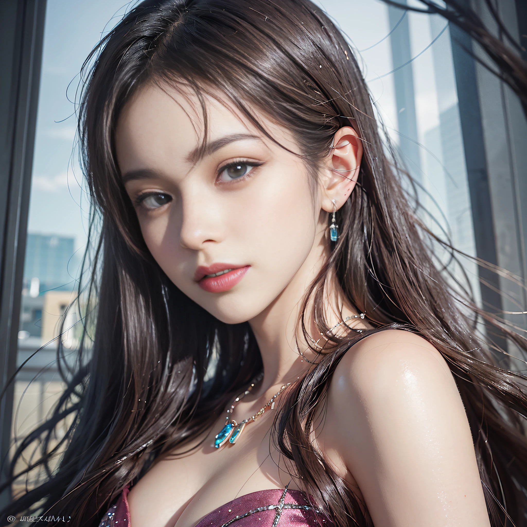 (A Masterpiece)、(maximum quality)、(Realistic)、Charming daughter、Portrait of a beautiful girl、1女の子、Transparent eyes、beautifuldetailedeyes、Glitter eyes、Glowing eyes、flawless face、Perfect eyes、Perfect iris、Perfect lips、perfect teeth、flawless skin、Beautiful nose、Beautiful mouth、Pretty lips、fine-grained skin、portrait shooting、Professional artwork、in 8K、photo-realistic、long dress、Elegant face、flawless anatomy、Perfect female body:1.4、Ultra-realistic painting:1.4、Ultra-precision painting:1.4、xd:1.4、hq、RAW Photography、necklaces、earings、female goddess、Fantastical、