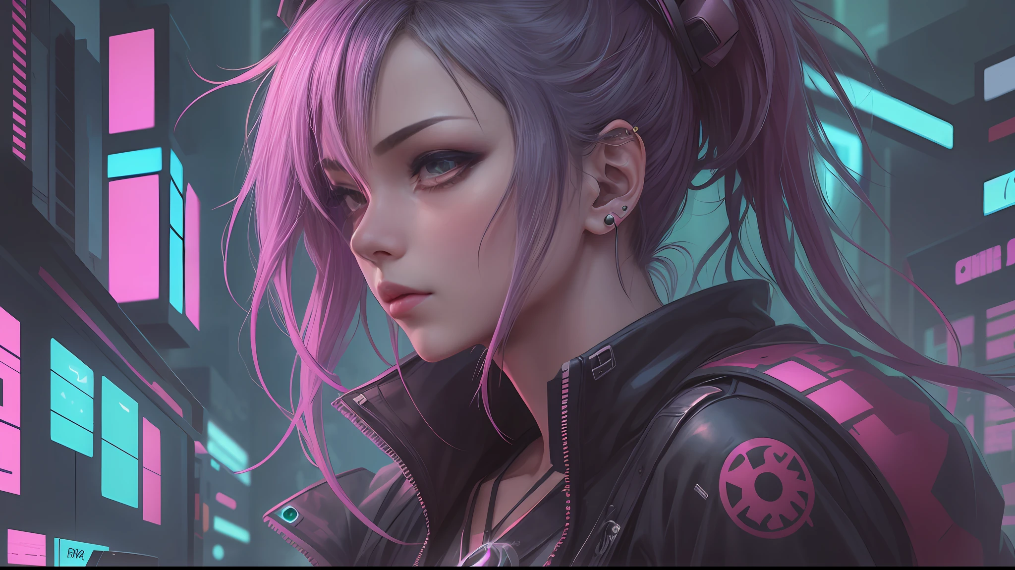 Ninja woman with peace sense headset, closed eyes, beautiful face, RGB colors, bright purple hair, anime, bright background, banner for youtube video, happy girl, clouds with RGB colors, bright RGB colors, full. --auto