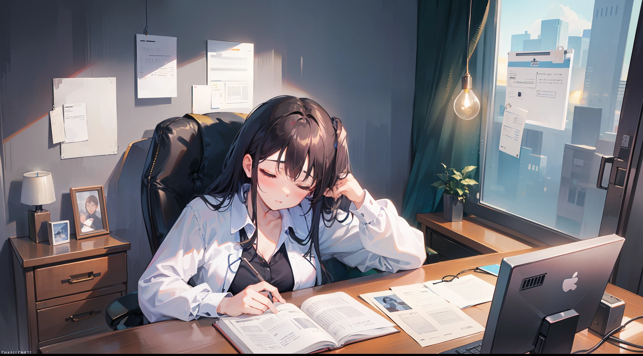 (Office Lady taking a nap in the office: 1.3)), ((Lying on the desk): 1.2), (Relaxed pose: 1.2), (Relieved of tired look:1.1), (Temporarily away from busy work:1.1), (Cute sleeping face:1.2), (Documents held as pillow:1.1), (Quiet office atmosphere:1.1), (Windows with soft light:1.1), ( Computer monitor dazzles:1.0), (Nearby colleagues at work:1.2), (Comfortable sleep posture:1.1), (Lovely desk items:1.1), Style inspired by Francis Perkopi's "Afternoon Rest", Warm colors and serene atmosphere, High-quality images depicting temporary healing and refreshment in the office.

Ready