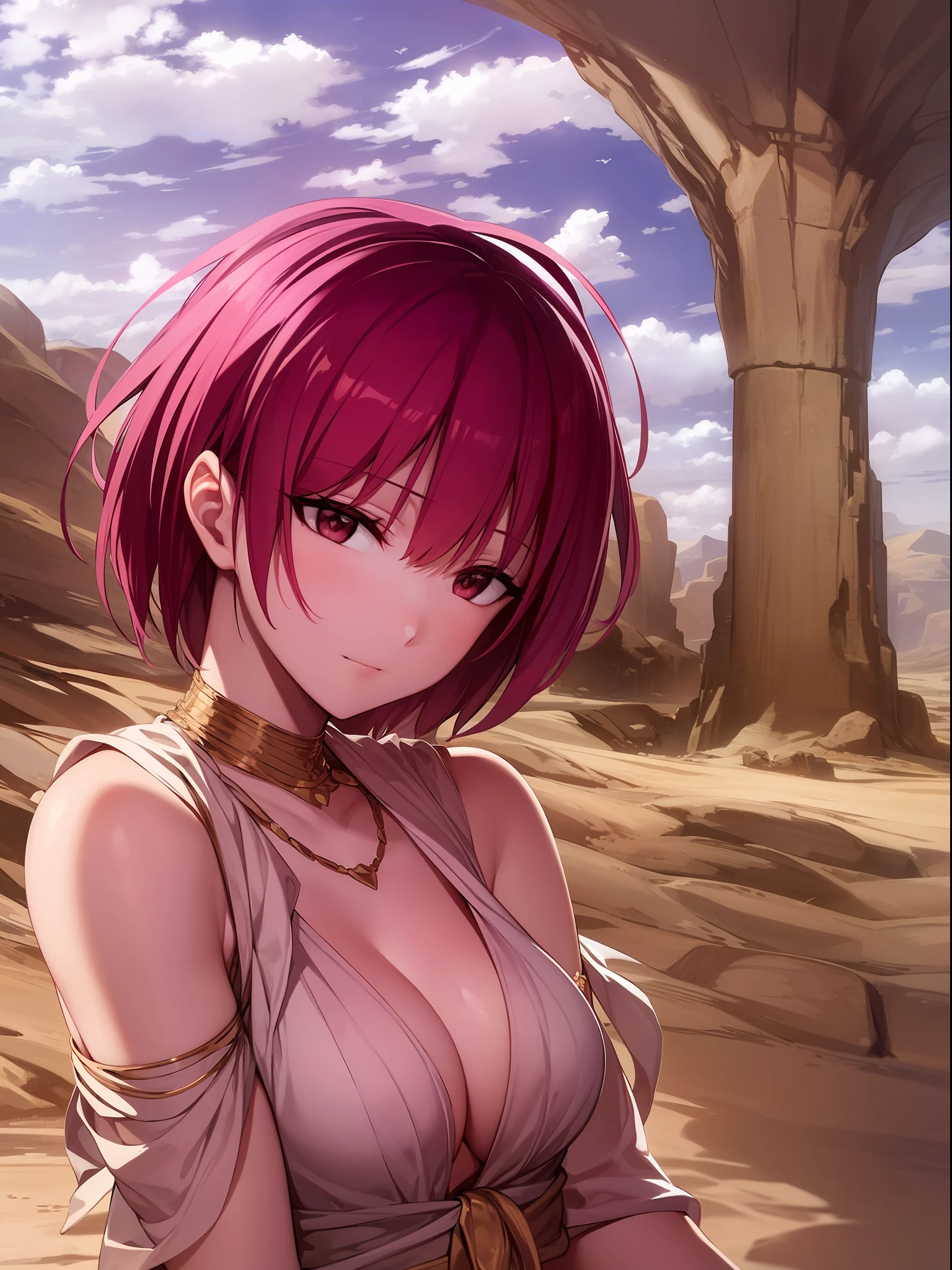 Morgiana, short hair, in a desert, nice environment, super detailed, high quality