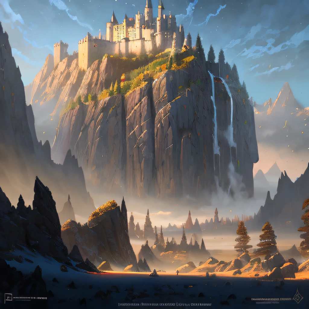 mountains and a castle in the distance with a sky background, artista conceitual premiado, Bussiere Rutkowski Andreas Rocha, James Gurney e Andreas Rocha, Estilo Andreas Rocha, Esquema de cores Jessica Rossier, arte conceitual atmosfera deslumbrante, arte conceitual digital suave, Silvain Sarrailh, arte conceitual 4K detalhada, unreal engine render concept art