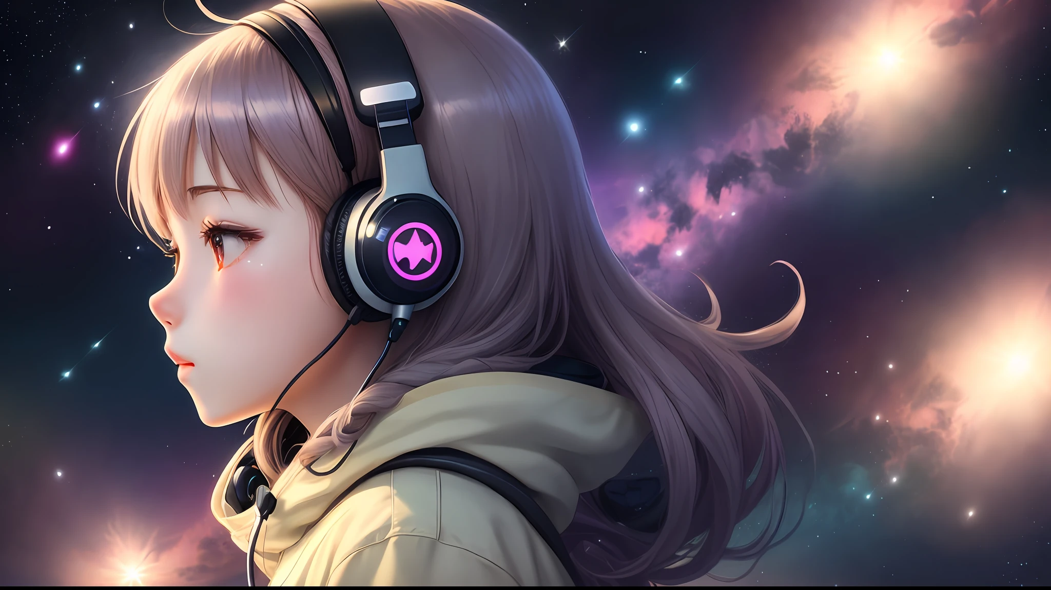Ninja woman with peace sense headset, closed eyes, beautiful face, RGB colors, bright purple hair, anime, bright background, banner for youtube video, happy girl, clouds with RGB colors, bright RGB colors, full. --auto