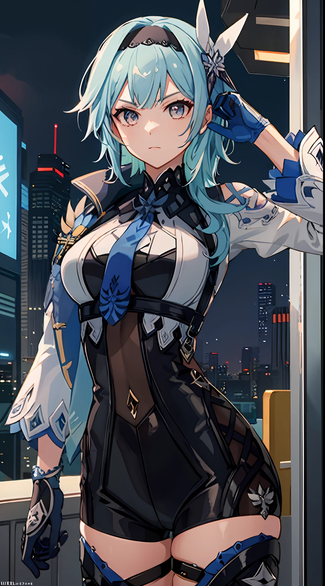 1girl, (masterpiece:1.2), best quality, masterpiece, highres, original,  (ultra-detailed), (best illustration), black latex bodyshuit, straight black hair, science fiction, cyberpunk city in the background, gantz, In the Style of Cyberpunk 2077, Ultra realistic photo face of a beautiful woman, masterpiece, best quality, CG, wallpaper, HDR, high quality, high-definition, extremely detailed, {beautiful detailed face}, {beautiful detailed eyes}, (detailed light){{intricate detail}}, {highres}, ((detailed face)), extremely detailed face, beautiful face, {{ young woman}}, Jewel-like eyes, neon light, chiaroscuro, anime style, key visual, intricate detail, highly detailed, breathtaking, vibrant, cinematic,1girl arm_up black_gloves black_hairband black_shorts black_thighhighs blue_hair blue_necktie gloves hairband long_hair looking_at_viewer necktie shirt short_shorts shorts solo thighhighs thighs white_shirt,eula \(genshin impact\),  ,,,eulalawrencegi,1GIRL SHINJOU_AKANE,COLOR_PANTYHOSE
,