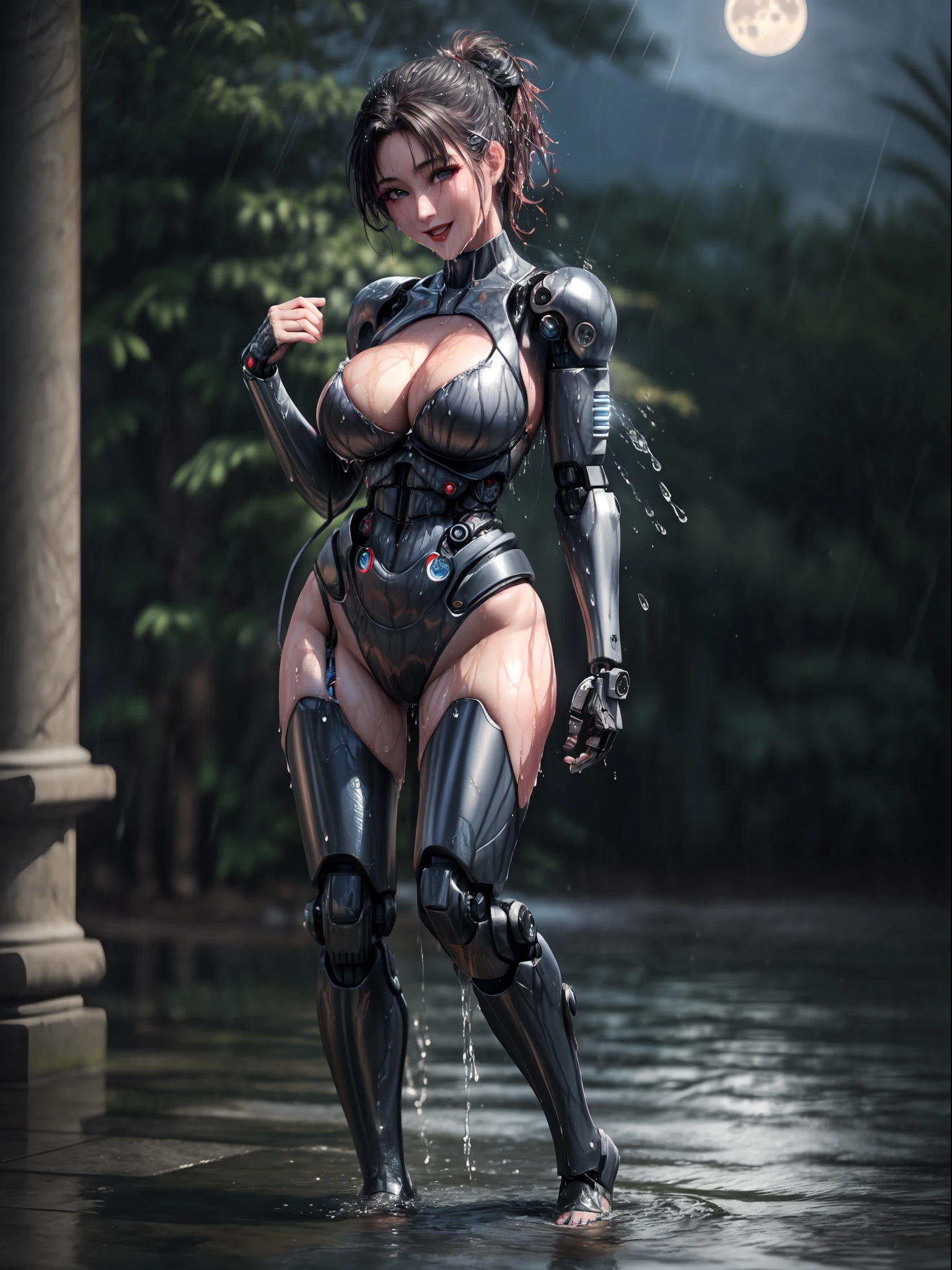 ((full body, standing):1.5) ((1woman+cyborg+ninja):1.2): only she is wearing mecha+ninja+spiderman clothes, black with white parts, extremely tight on her body, only she is doing erotic pose for the viewer, smiling, look of pleasure, expression of, naughty face, leaning against a pillar, only she has short purple mohawk hair and sparkling blue eyes, only she has ((extremely large breasts and is with her whole body wet with water):1.2), only she is in a mythical temple with ((ghostly environment, it's night, raining heavily):1.2), 1 full moon in the sky.
