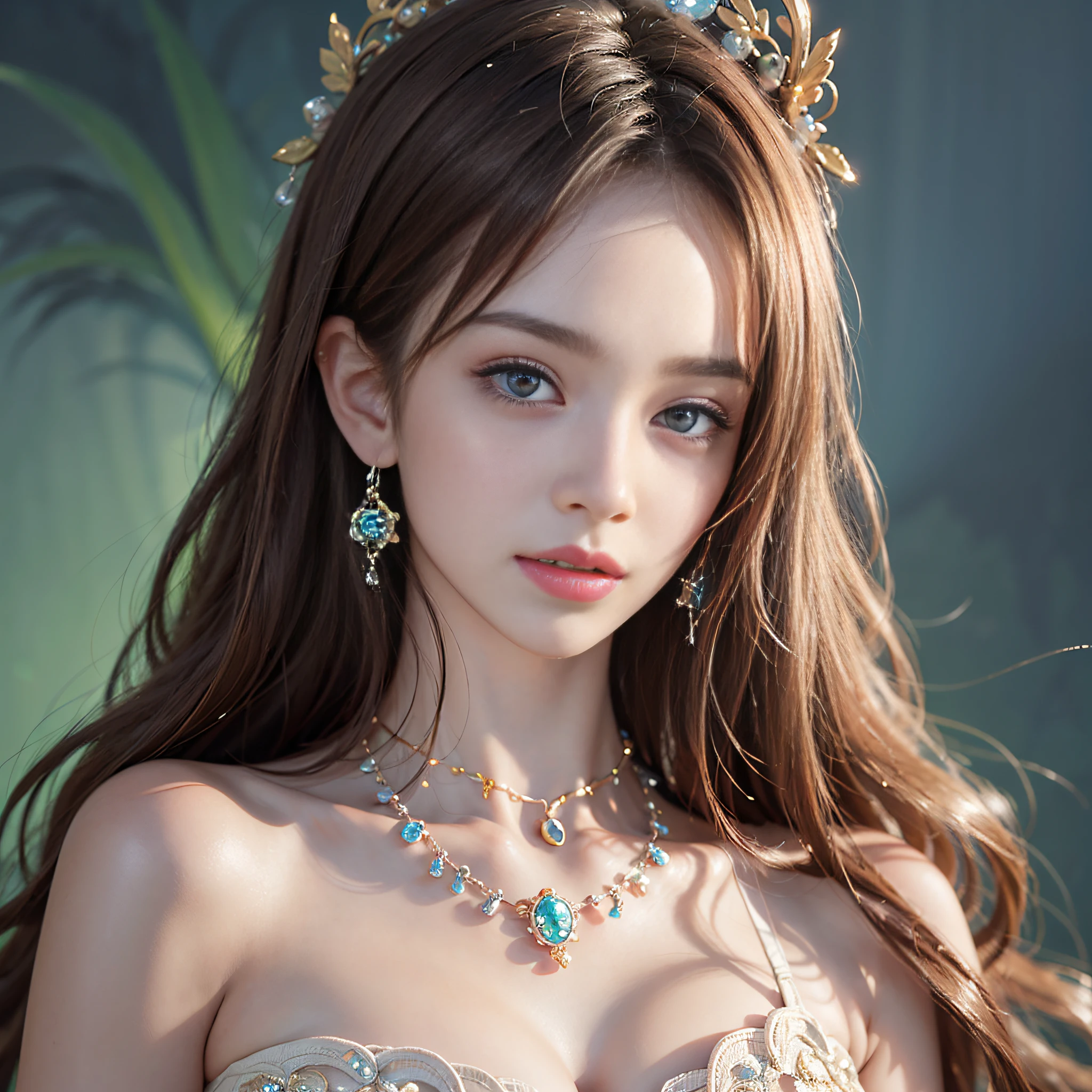 (A Masterpiece)、(maximum quality)、(Realistic)、Charming daughter、Portrait of a beautiful girl、1女の子、Transparent eyes、beautifuldetailedeyes、Glitter eyes、Glowing eyes、flawless face、Perfect eyes、Perfect iris、Perfect lips、perfect teeth、flawless skin、Beautiful nose、Beautiful mouth、Pretty lips、fine-grained skin、portrait shooting、Professional artwork、in 8K、photo-realistic、long dress、Elegant face、flawless anatomy、Perfect female body:1.4、Ultra-realistic painting:1.4、Ultra-precision painting:1.4、xd:1.4、hq、RAW Photography、necklaces、earings、female goddess、Fantastical、