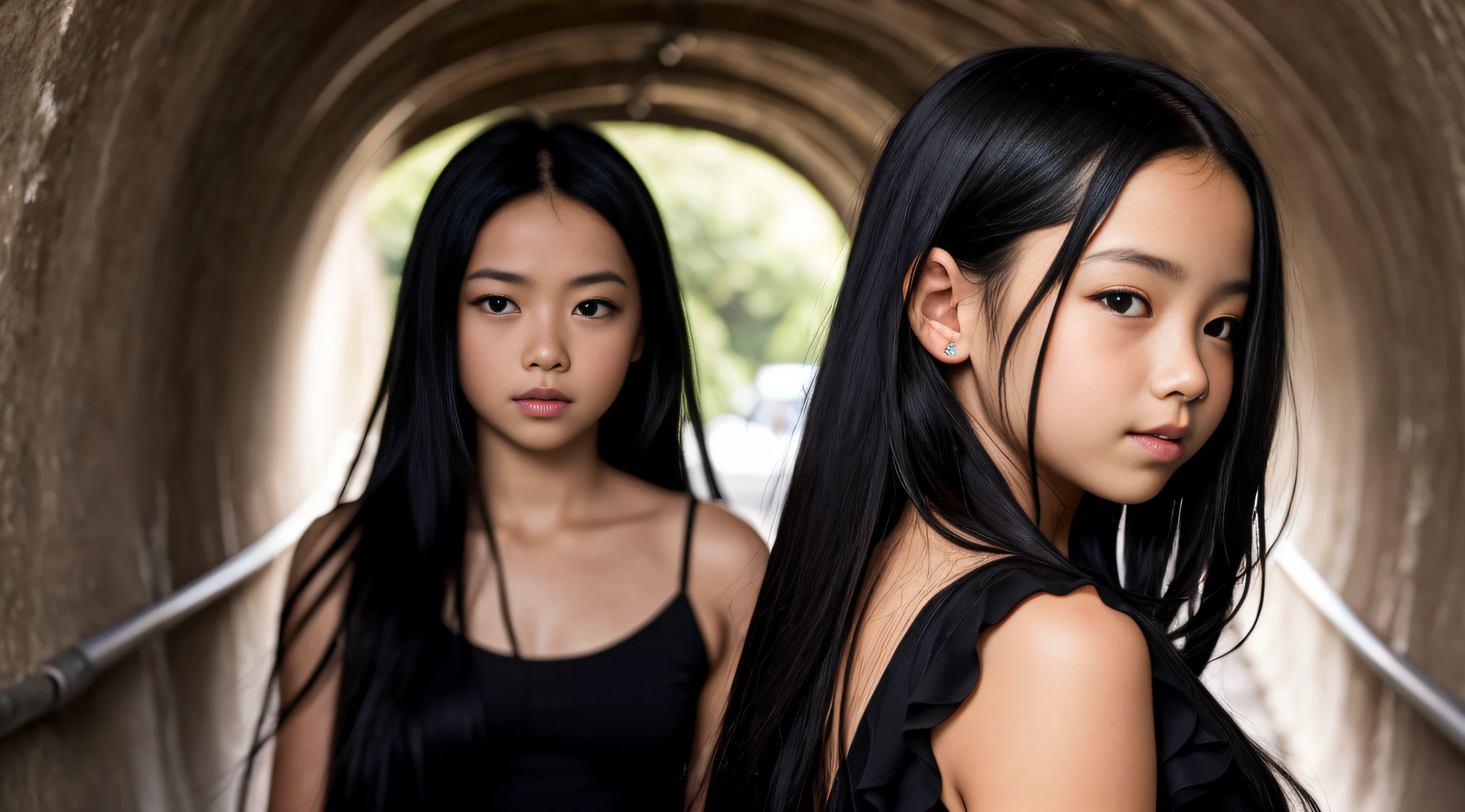 10 year old CHILD girl, with long black hair in a tunnel, long shiny black hair, swirling black hair, flowing black hair, endless black hair, black silky hair, lush black hair, woman with long black hair, lush black hair disheveled, long flowing black hair, woman has long dark hair, long dark hair, detailed long black hair, black hair