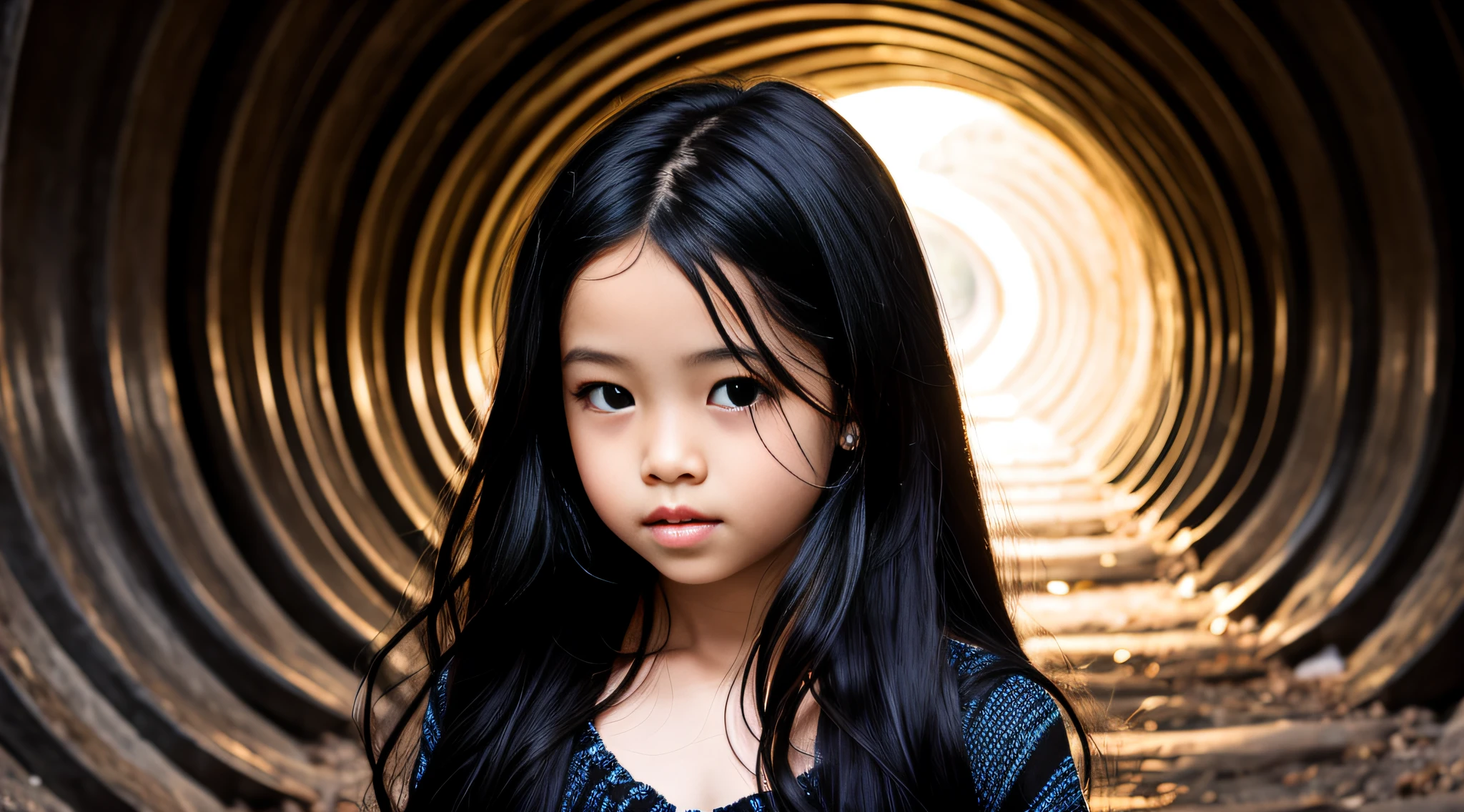 10 year old CHILD girl, with long black hair in a tunnel, long shiny black hair, swirling black hair, flowing black hair, endless black hair, black silky hair, lush black hair, woman with long black hair, lush black hair disheveled, long flowing black hair, woman has long dark hair, long dark hair, detailed long black hair, black hair