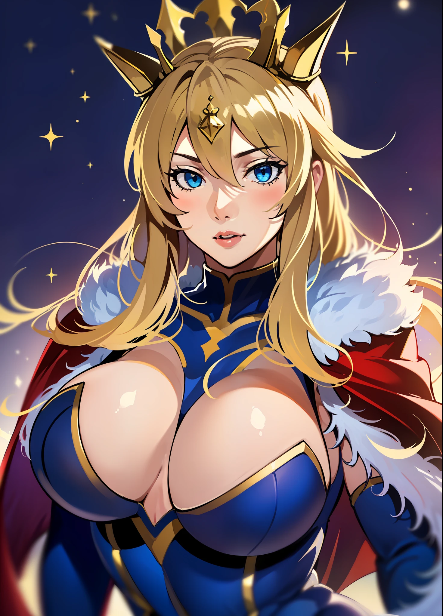 (original: 1.2), (SFW), Masterpiece, Realistic, the best quality, beautiful clean face, a 1girl, (blonde hair, big chest, Slim, wide thighs), Worth, Posing, Lancer Artoria, ((Blue, Golden leotard, (red cape with white fur)), gold crown, erotica, moon, night, Simple background