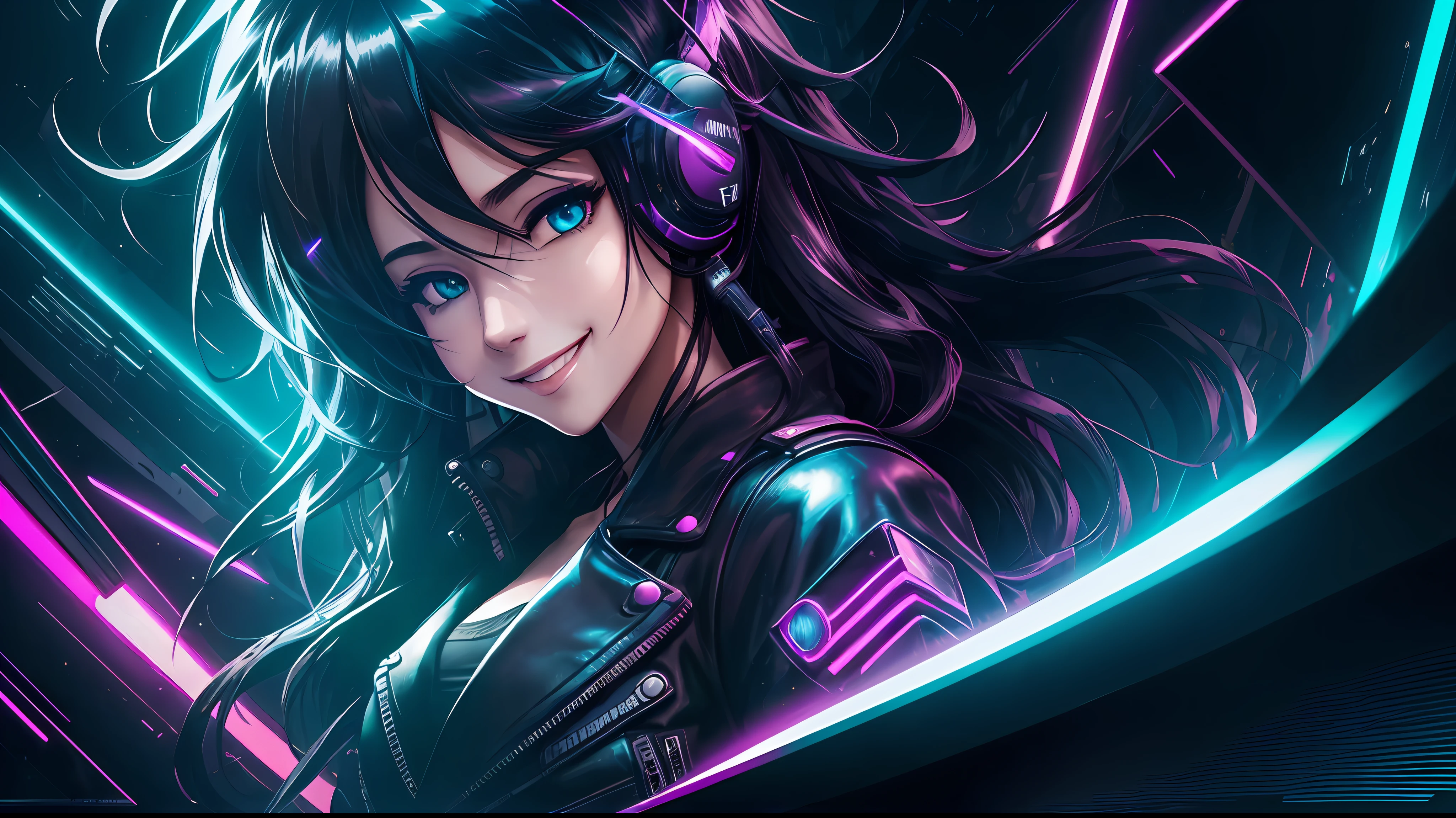 Ninja woman with peace sense headset, closed eyes, beautiful face, RGB colors, bright purple hair, anime, bright background, banner for youtube video, happy girl, clouds with RGB colors, bright RGB colors, full. --auto