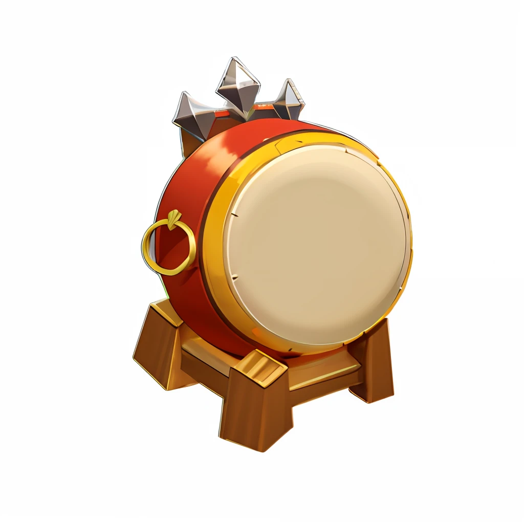 There is a red and yellow drum，There is a crown on it, bass drum, gong, 3 d icon for mobile game, barrel chested, congas, item art, drums, game icon asset, game asset, rpg item, bongos, mobile game asset, chi-gong, tamborine, breast plate, Unknown, rpg item render, Han ancient spear，Han shield