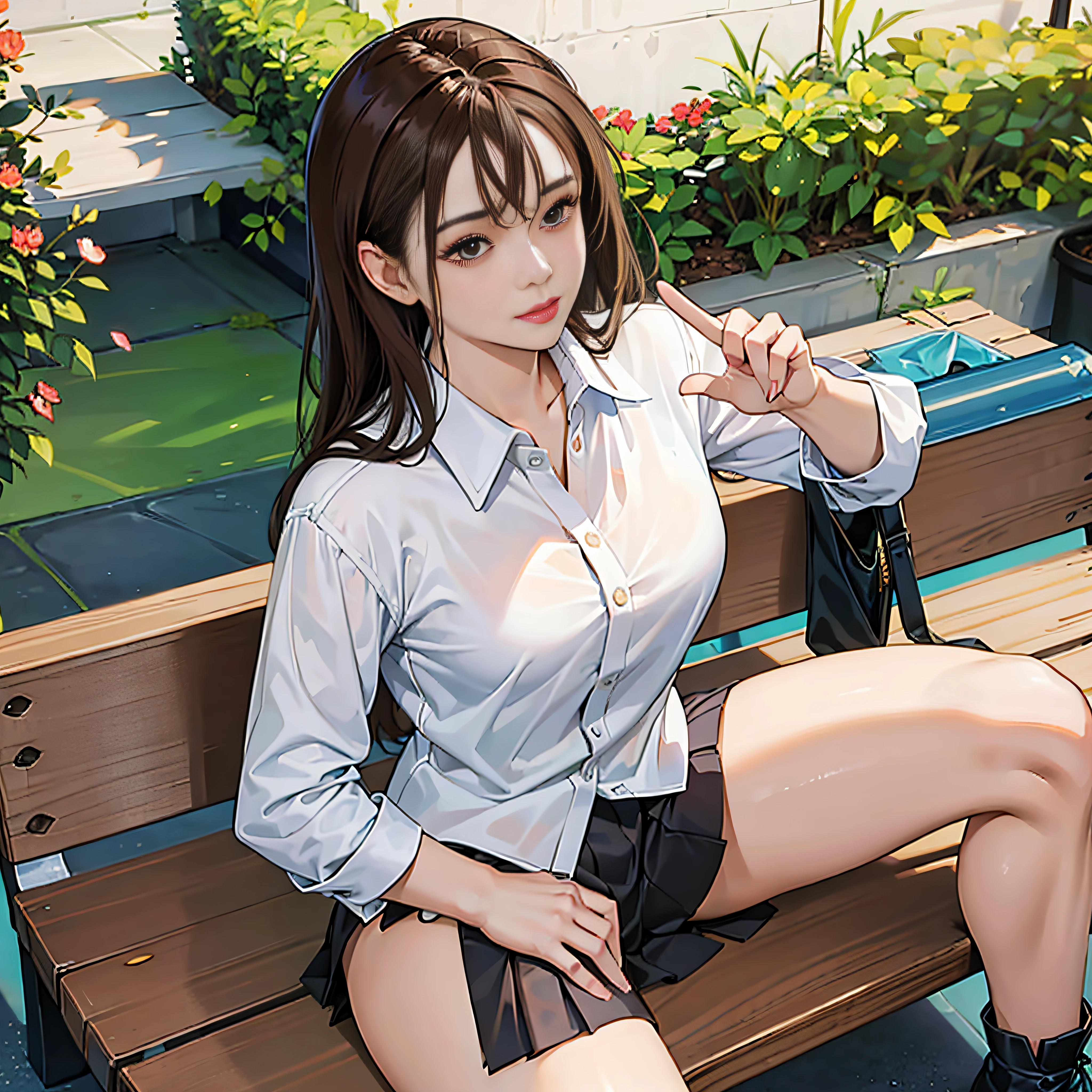 Top quality, masterpiece, (Reality: 1.2), 1 girl, brown hair, brown eyes, frontal view, detailed face, beautiful eyes, full body, sitting on bench, pleated miniskirt, open legs, lace panties, menstruating, using feminine intimate pad, nice thigh, nice legs, detailed skin,