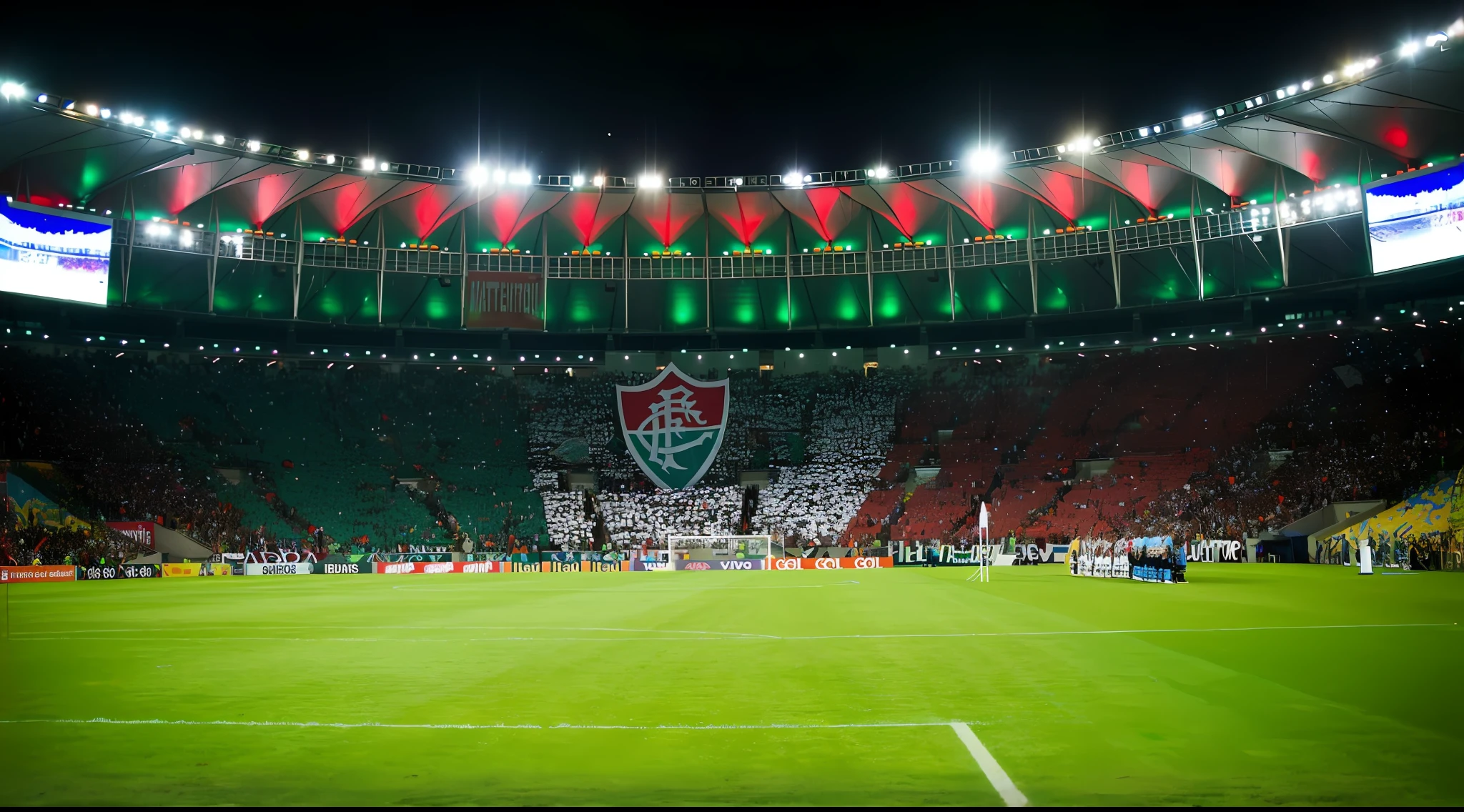 arafed soccer stadium with a green field and a large crowd, stadium, art deco stadium, soccer stadium, sao paulo, atmosfera real, the stadium has a full crowd, inspirado em Samuel Silva, bela atmosfera, Malika Favre, In Sao Paulo, 🚿🗝📝, sem estipe, stadium full of people, inspirado em Oswaldo Viteri