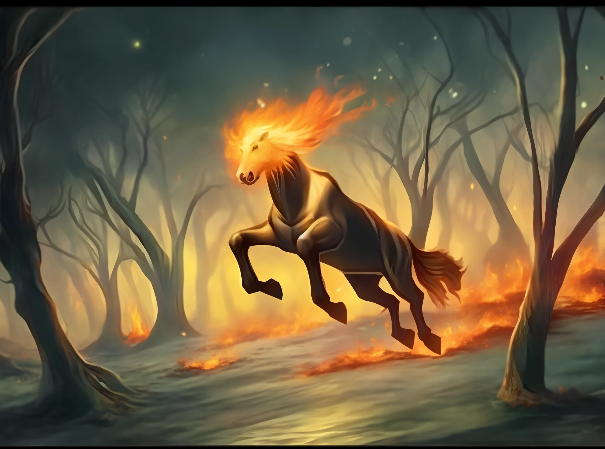 pintura de um cavalo correndo por uma floresta com uma grande bola de fogo na boca, Cavalo Centauro, mythical creature, Mythical creatures, Sleipnir, ghost of the fire spirit, fire and flames mane, Centauro, Centauro, mitologia grega, Macho centaurous quimera Centauroo, A mythical creature, magic the gathering art style, fires!! hiper-realista