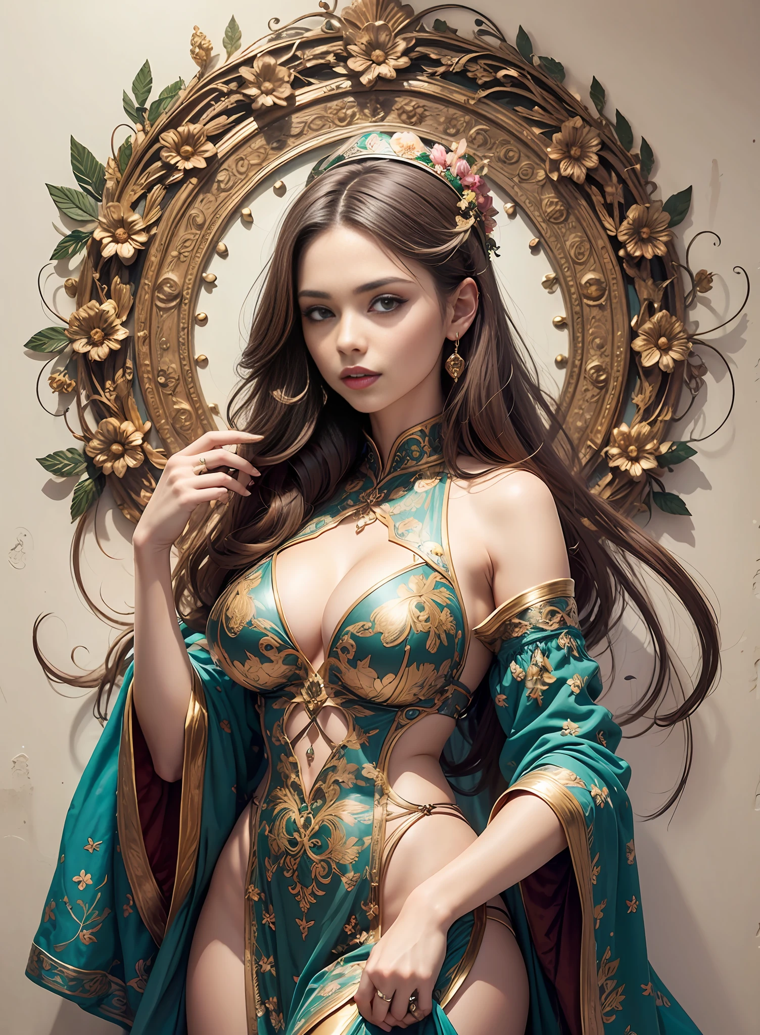 European woman with medium breasted, ornamentada, na floresta