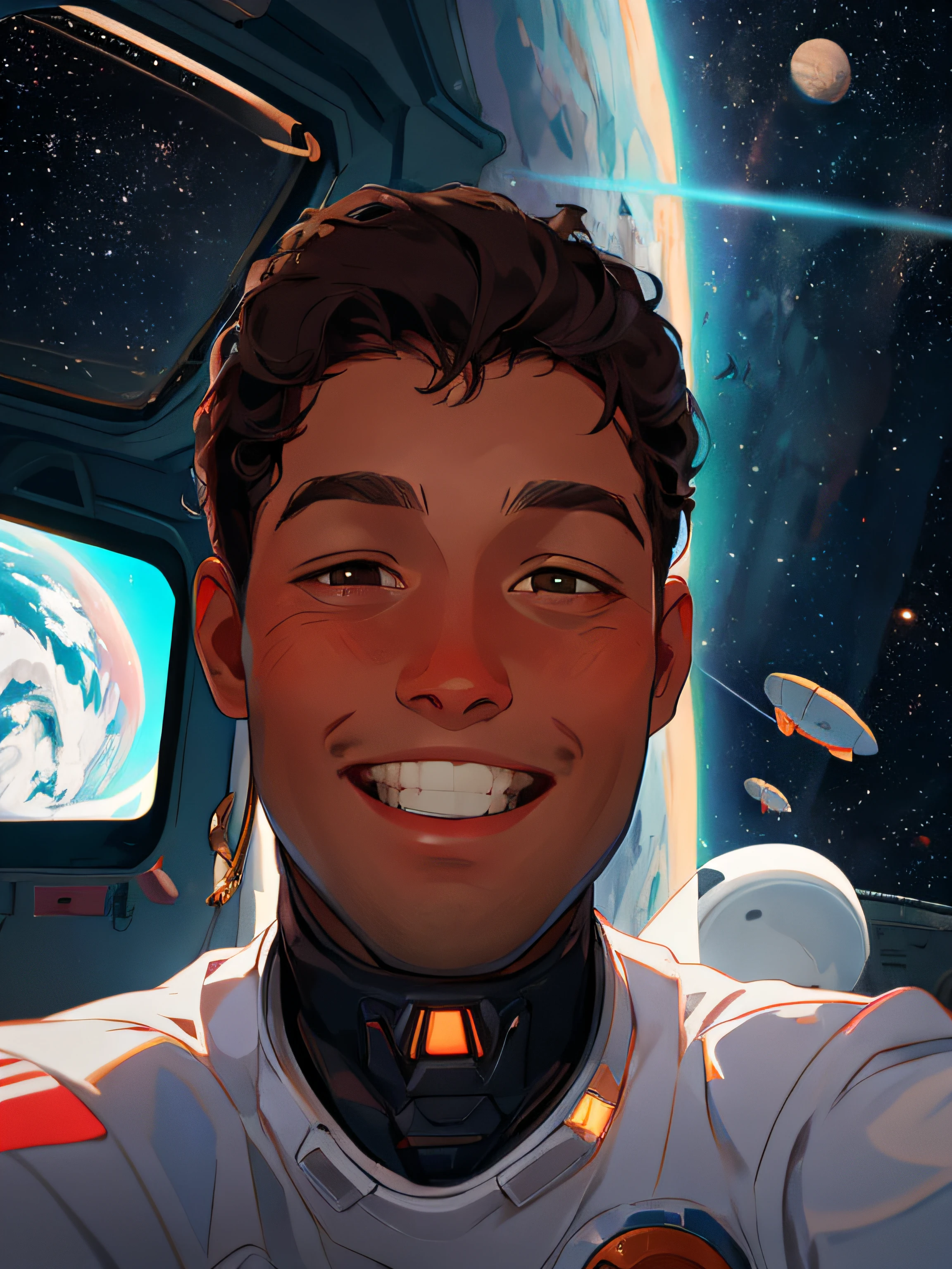 Smiling man in an astronaut suit standing in a room, about 19 years old, taken in the early 2020s, sin barba, Selfie, foto de la cabeza, sonriendo y mirando directamente a la camara, un hombre negro con cabello largo y rizado, imagen frontal, lleva un traje blanco de astronauta