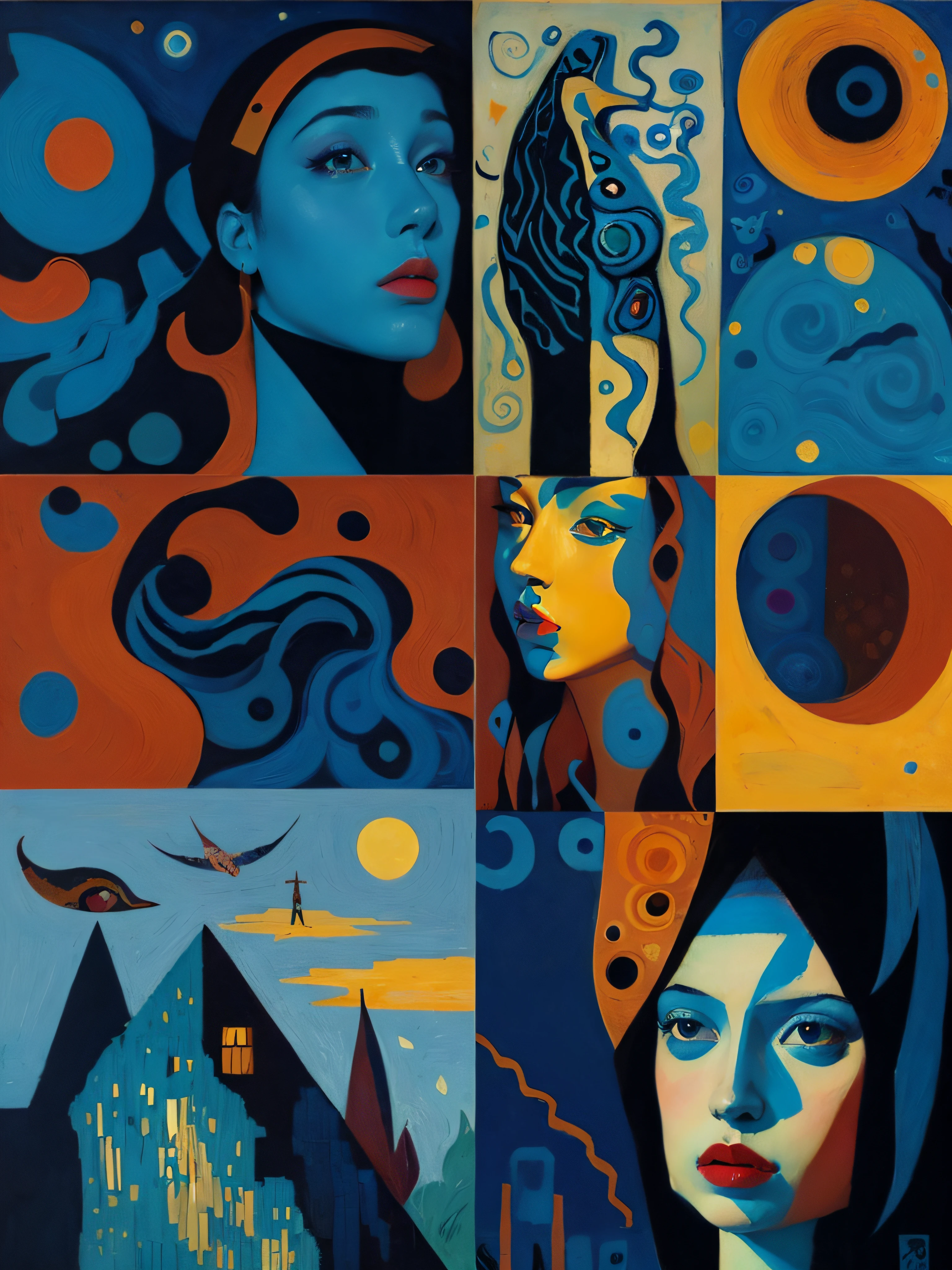 Una pintura salvaje Stylemix Naive, la mirada de Beksinski, Tamara Lempicka,La noche estrellada de Van Gogh, Los colores de Afremov, El estilo de Paul Klee, Gustav Klimt's lines, El blues de Marc Chagall, Vasily Kandinsky's balance and the Easter Island Location. Hecho con un constructivista, Acento minimalista y art deco