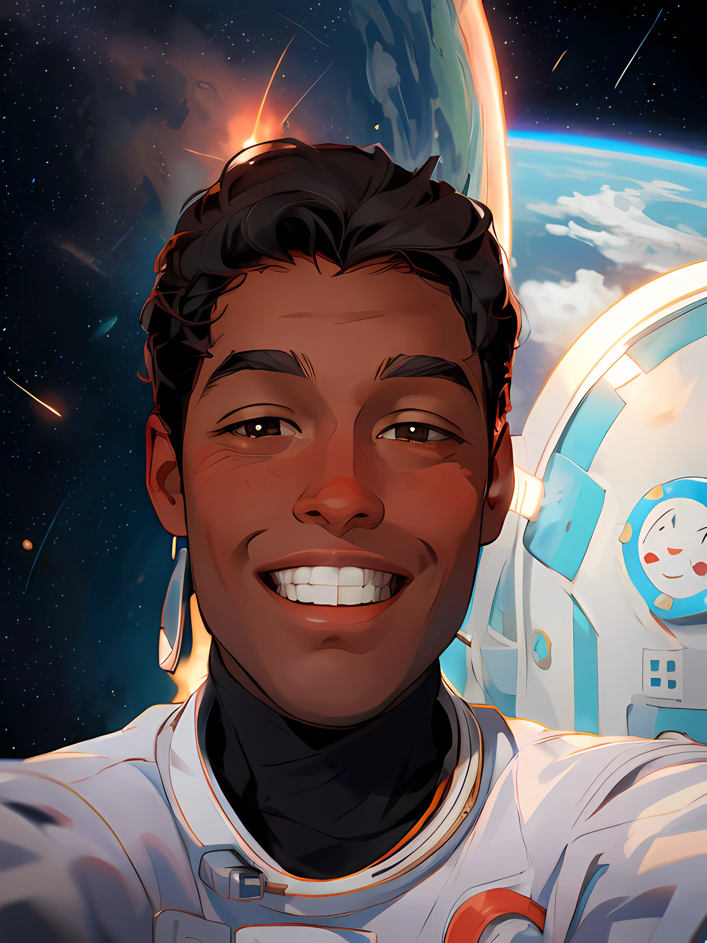 Smiling man in an astronaut suit standing in a room, about 19 years old, taken in the early 2020s, sin barba, Selfie, foto de la cabeza, sonriendo y mirando directamente a la camara, un hombre negro con cabello largo y rizado, imagen frontal, lleva un traje blanco de astronauta