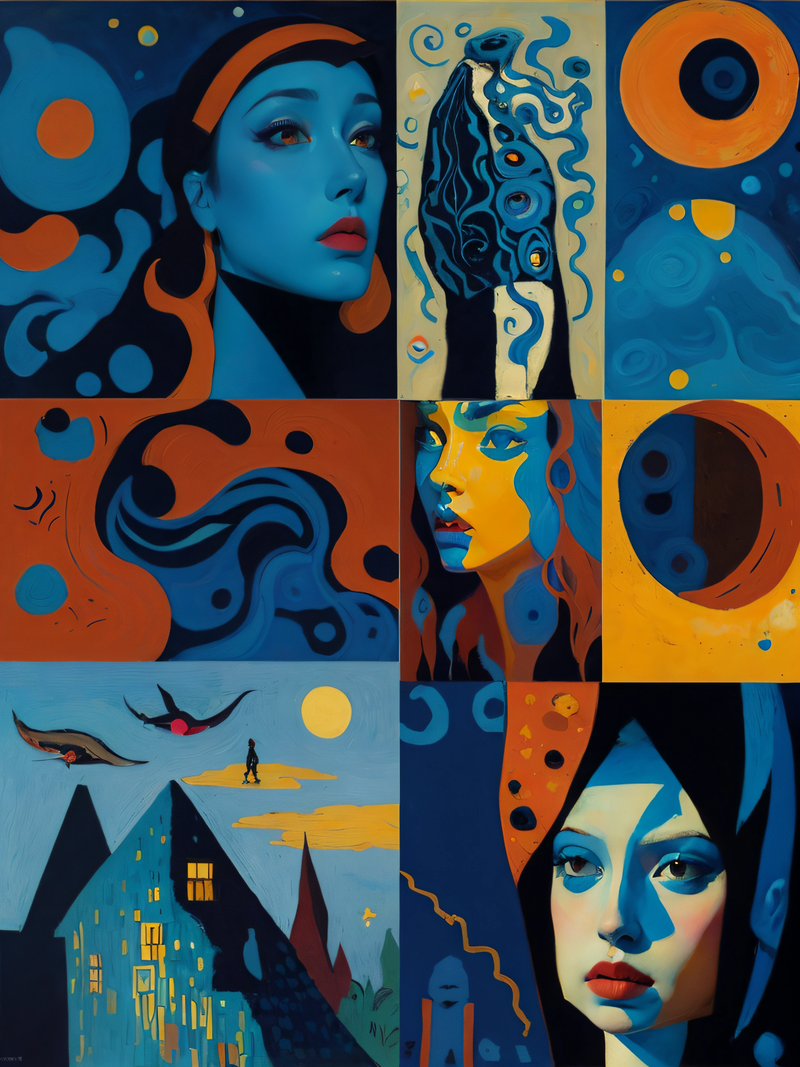 Una pintura salvaje Stylemix Naive, la mirada de Beksinski, Tamara Lempicka,La noche estrellada de Van Gogh, Los colores de Afremov, El estilo de Paul Klee, Gustav Klimt's lines, El blues de Marc Chagall, Vasily Kandinsky's balance and the Easter Island Location. Hecho con un constructivista, Acento minimalista y art deco
