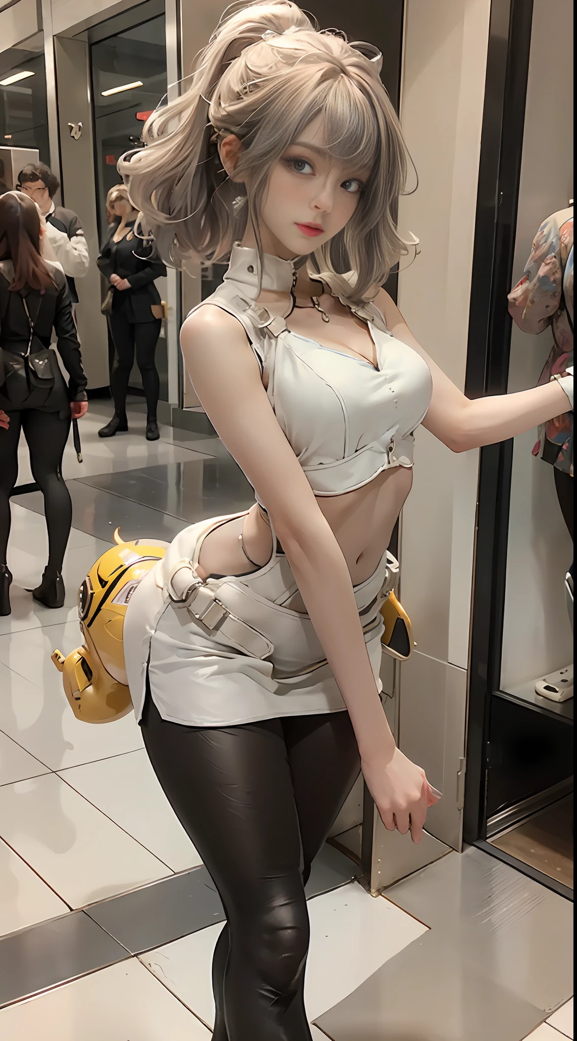 walking down the street, silver color, head and full body, Extremely cute human eighteen year old girl, legs with hard white shiny shell, very beautiful and feminine, short, petite, small, small, busty buttocks, medium bust, cleavage display, flat belly display, partial helmet with antenna on the ear, very stylish, award-winning product design, rubber tights, The shiny breastplate opens at the cleavage and abdomen, stylish, glowing trims