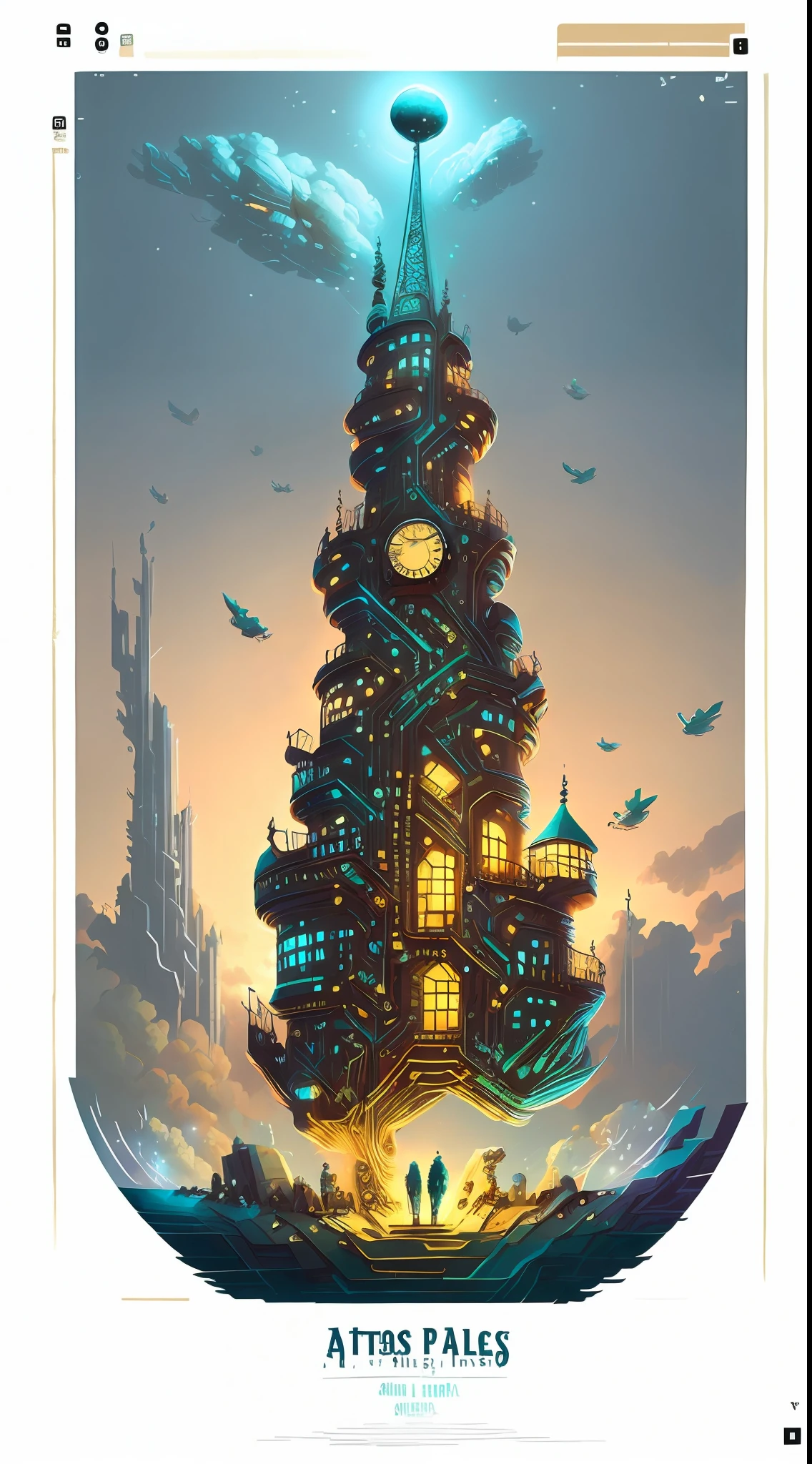 there is a large tower with a clock on it in the sky, Estilo Andreas Rocha, Vencedor do concurso Artstation, bordas ornamentadas + arte conceitual, inspirado em Andreas Rocha, Torre Steampunk Gigante e Imponente, illustration concept art, concept art illustration, Arte conceitual da torre medieval gigante, cloud palace, Silvain Sarrailh, arte conceitual | RHADS