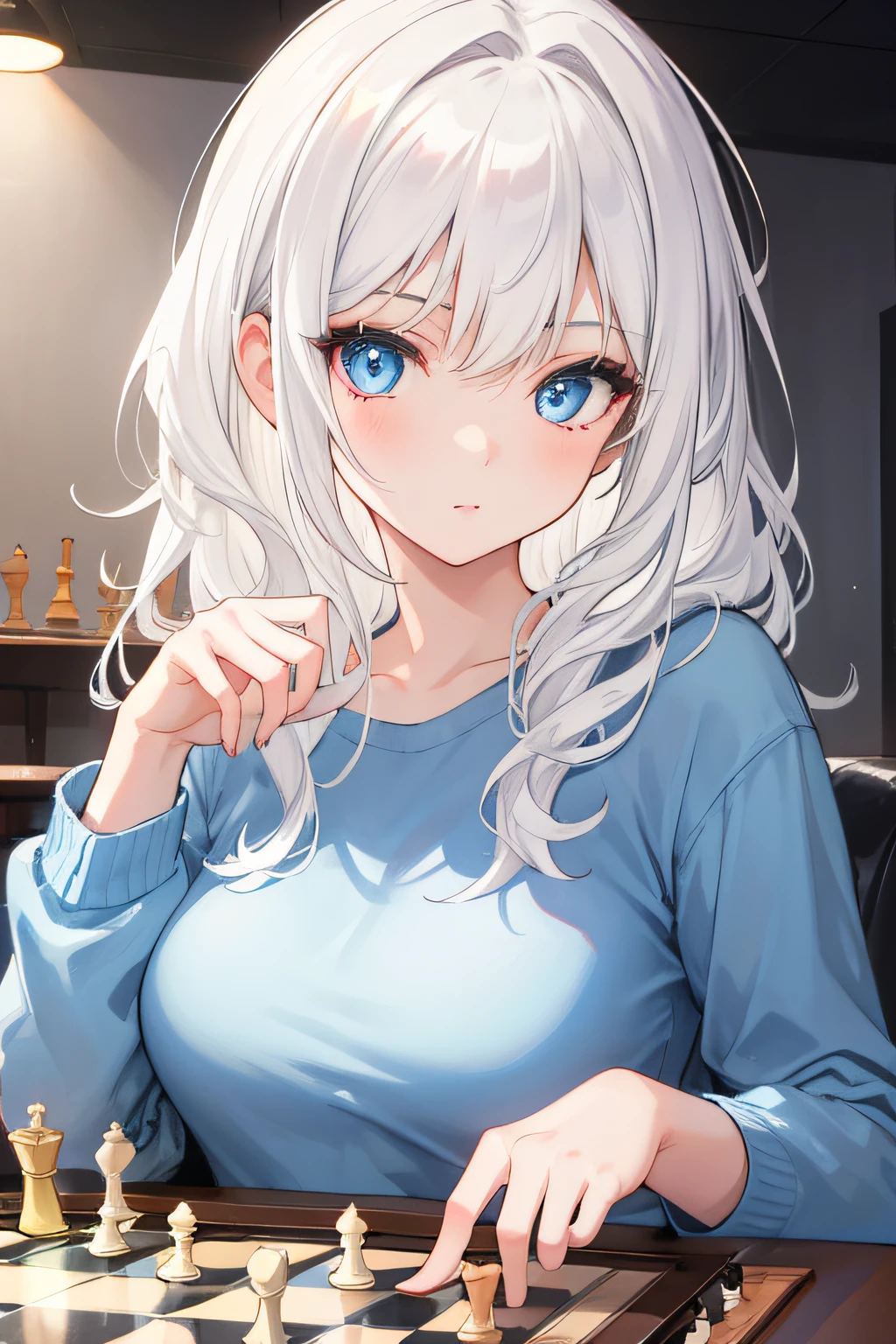1girl, white hair, vibrant blue eyes, casual wear, playing chess, chessboard, casual background, beautiful eyes, beautiful hair, masterpiece, 4k, hd, detailed, detailed face,