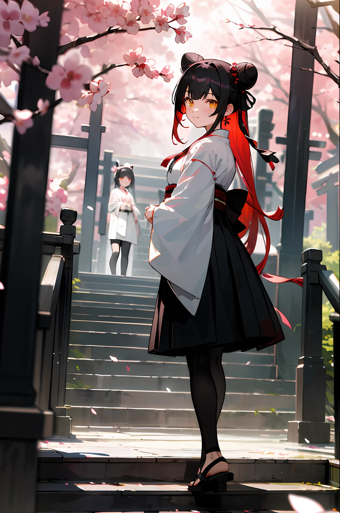 ((masterpiece,best quality)),2girls, black kimono, black legwear, black ribbon, black hair, cherry blossoms, day, flower, hair bun, hair ribbon, japanese clothes, kimono, long hair, looking at viewer, looking back , multiple girls, belts, outdoors, red eyes, red hair, ribbon, sandals, single bun, stairs, standing, statue, torii, tree, white kimono, yellow eyes