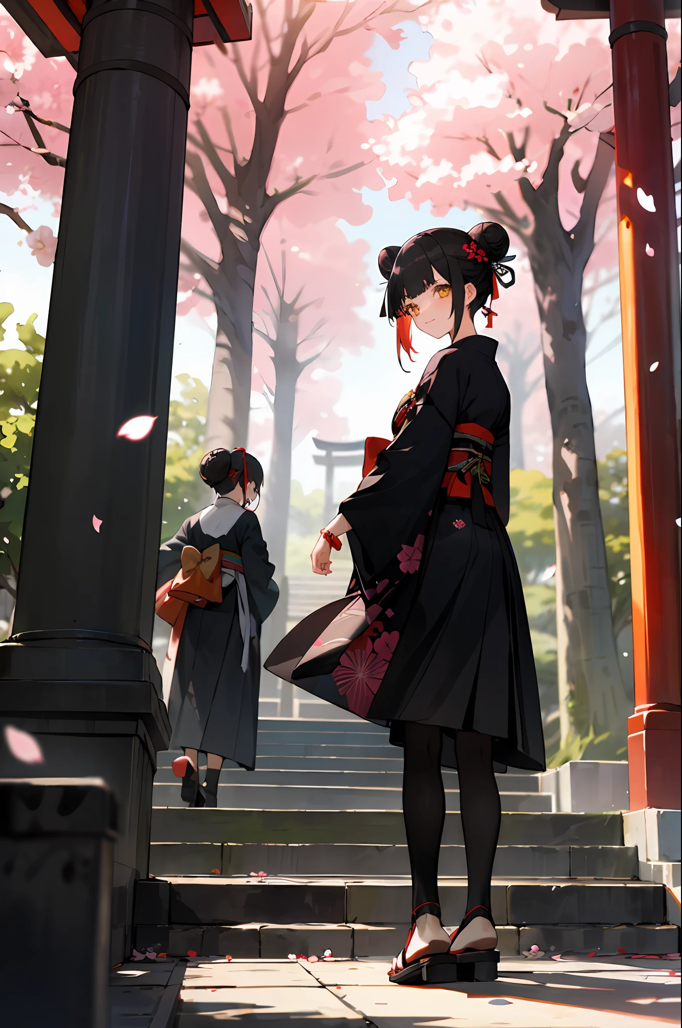 ((masterpiece,best quality)),2girls, black kimono, black legwear, black ribbon, black hair, cherry blossoms, day, flower, hair bun, hair ribbon, japanese clothes, kimono, long hair, looking at viewer, looking back , multiple girls, belts, outdoors, red eyes, red hair, ribbon, sandals, single bun, stairs, standing, statue, torii, tree, white kimono, yellow eyes