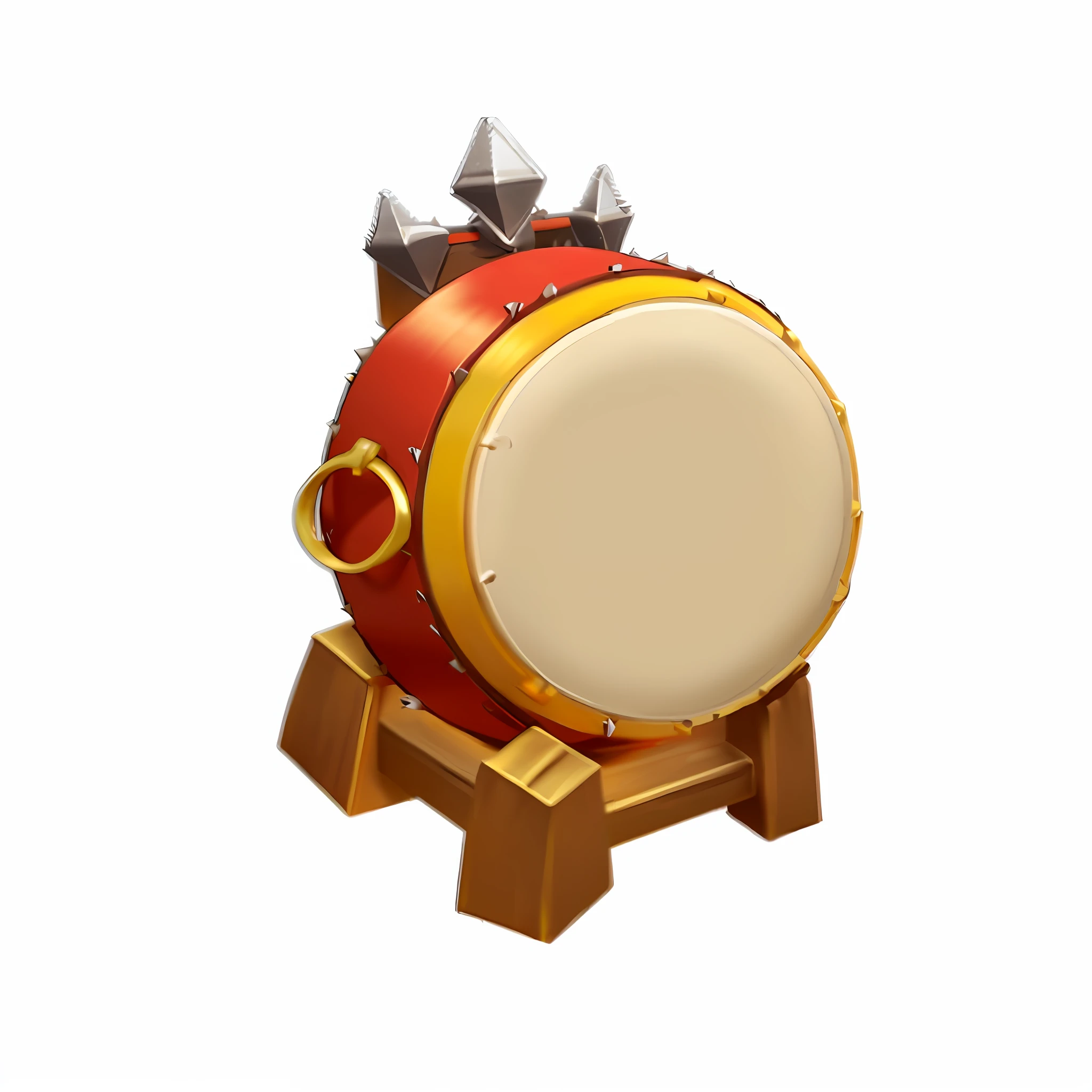 there is a drum with spikes on it on a stand, gong, bass drum, 3 d icon for mobile game, tamborine, drums, item art, congas, rpg item, game asset, mobile game asset, game icon asset, rpg item render, bongos, chi-gong, drummer, instrument, inspired by Gong Xian, drum kit