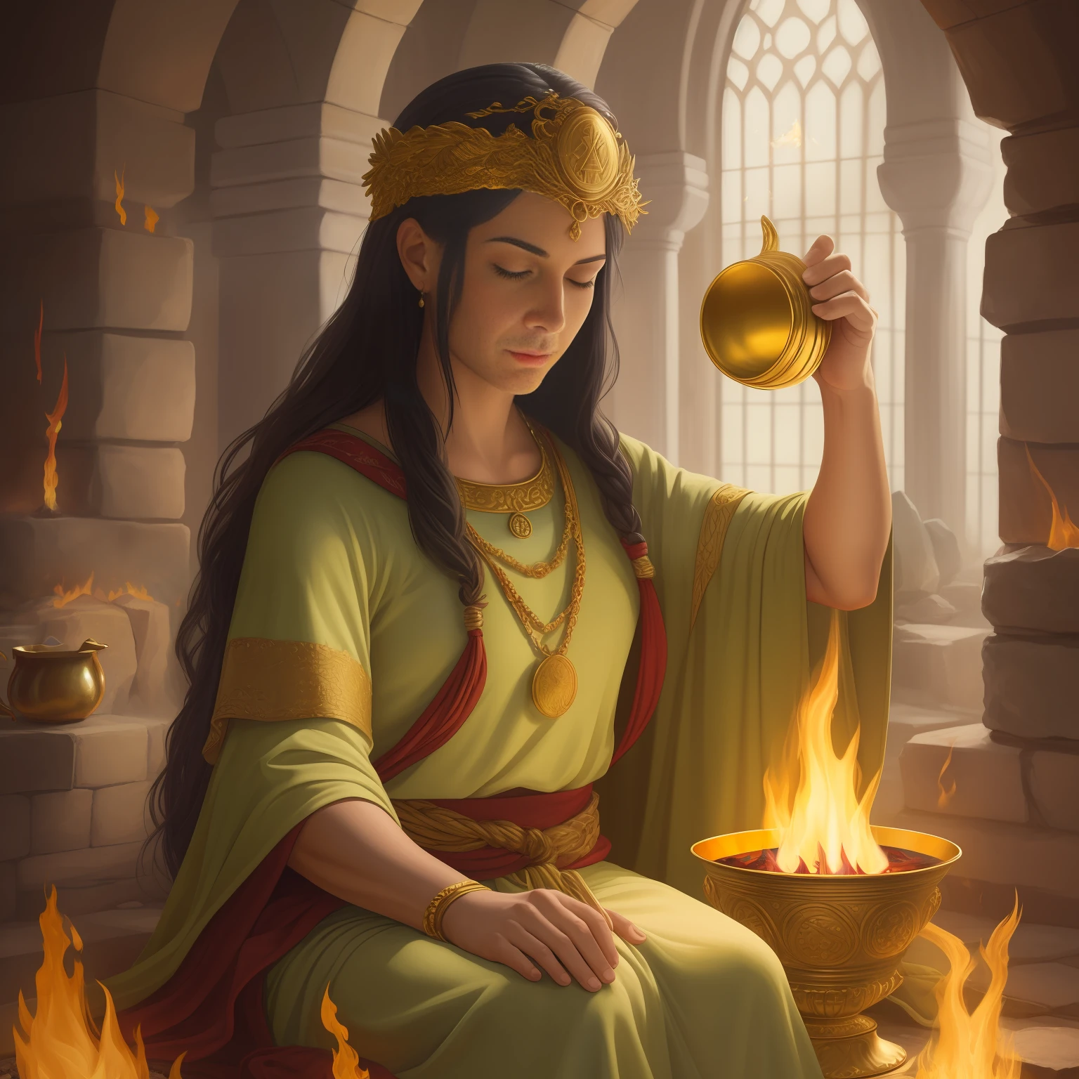 ((Pintura pre-rafaelita)) of a druid making a sacrifice in the fire, holding a golden cup, libação, cabelo cor de cobre, tons outonais, xamanismo, templo naturalista