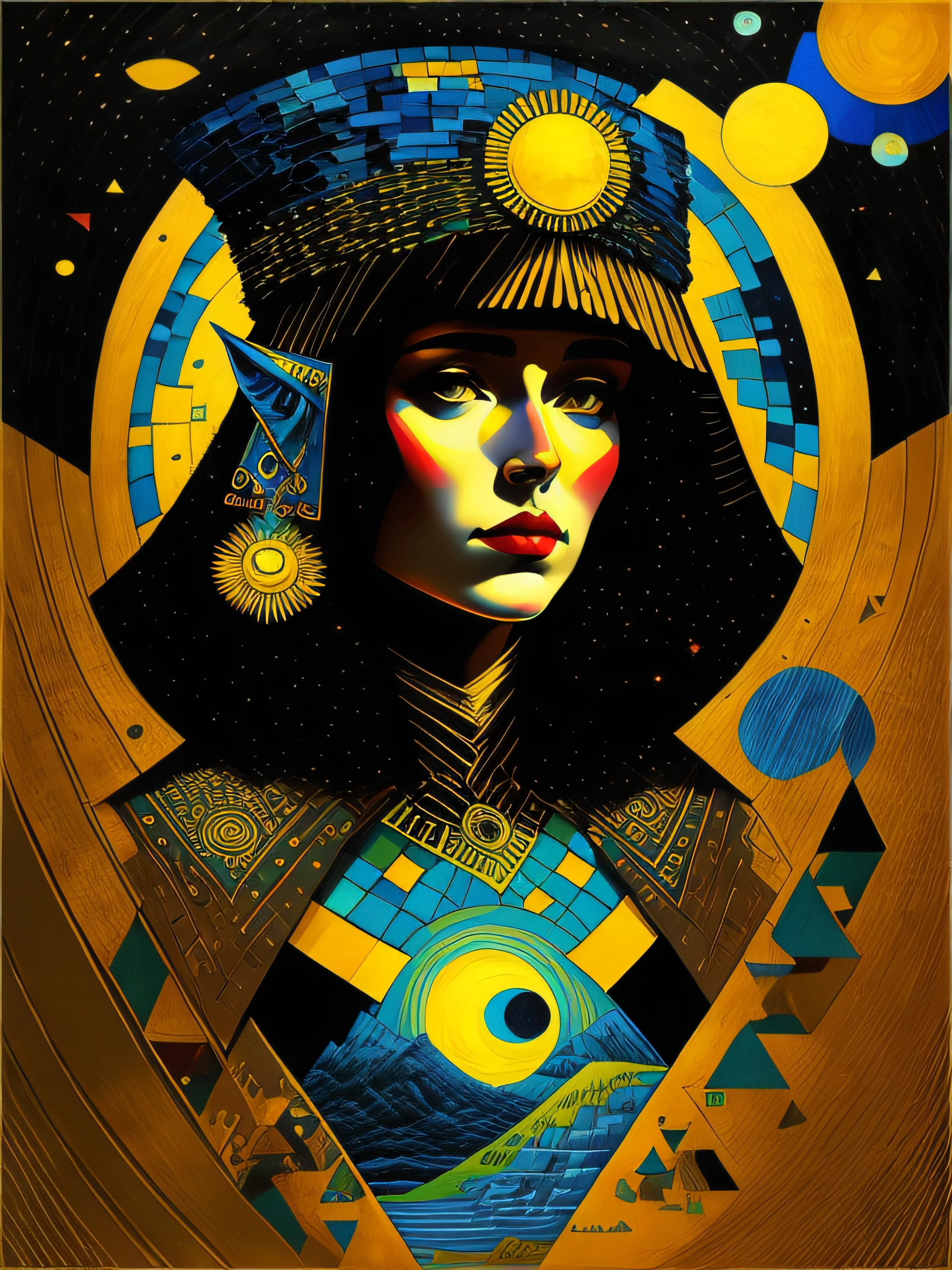 Una pintura salvaje Stylemix, la mirada de Beksinski, La noche estrellada de Van Gogh, Los colores de Afremov, El estilo de Paul Klee, Gustav Klimt's lines, El blues de Marc Chagall, Vasily Kandinsky's balance and the Easter Island Location. mejor calidad, obra maestra, ultra high res, (CCDDA Artstyle: 1.2), frente al espejo, in style of Paul Klee , ThetaCursed, Michael Parkes, Gustav Klint, Raffaello Ossola, Tiffany Bozic, Tim O’Brien, Wassily Kandinsky, Tamara Lempicka