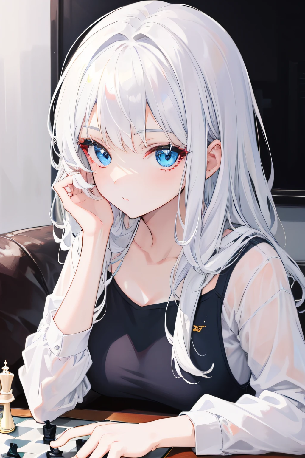 1girl, white hair, vibrant blue eyes, casual wear, playing chess, chessboard, casual background, beautiful eyes, beautiful hair, masterpiece, 4k, hd, detailed, detailed face,