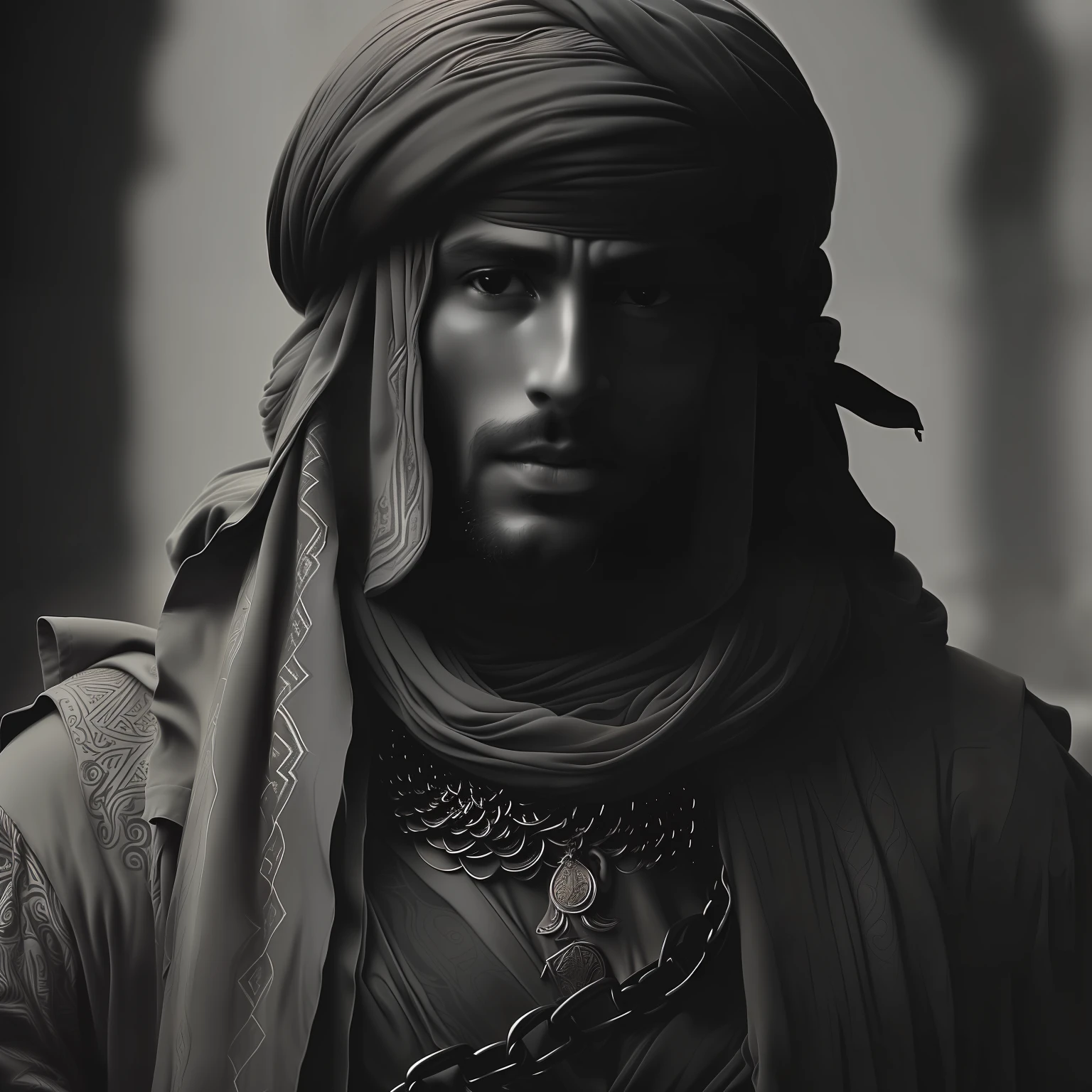 arafed man in a turban and a chain around his neck, handsome prince of persia, portrait of bedouin d&D, arabian samurai, tuomas korpi and wlop, Handsome man, cinematic portrait, by Adam Marczyński, dramatic cinematic portrait, tuareg, by Abdullah Gërguri, portrait shot, maximum quality, Realstic, photo-realistic, maximum quality, A Masterpiece, anextremelydelicateandbeautiful, extremelydetailed, Fine Detail, Super Detail, A high-resolution, extremelydetailed, Realstic, in ultra-high-definition, maximum quality, in ultra-high-definition, High-quality textures