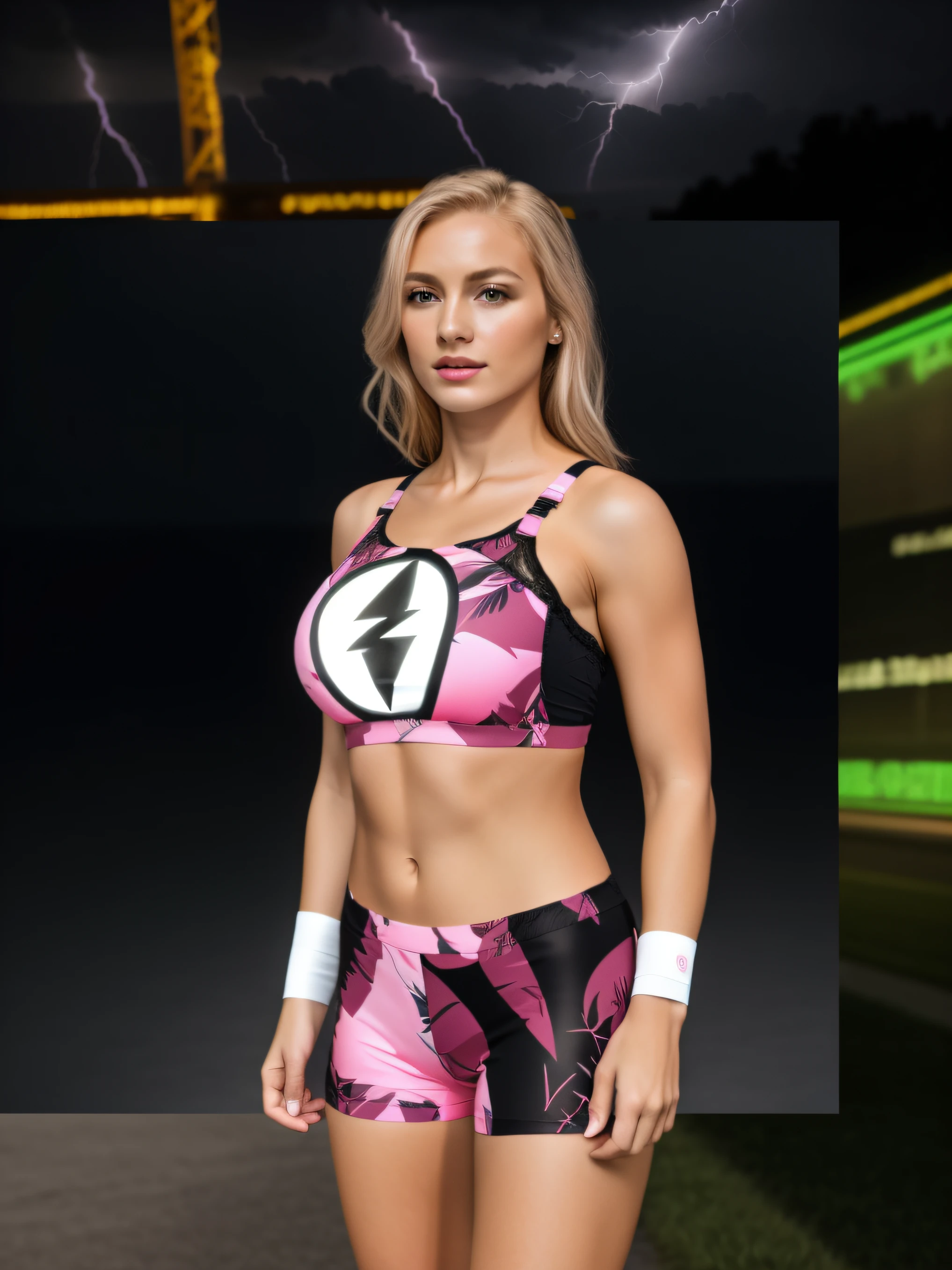 Fit blonde Caucasian woman in pink black and white bra in a lightning pattern with a emblem on the front, pink black and white tights in a lightning pattern, white wristbands, photo realistic, intricate details