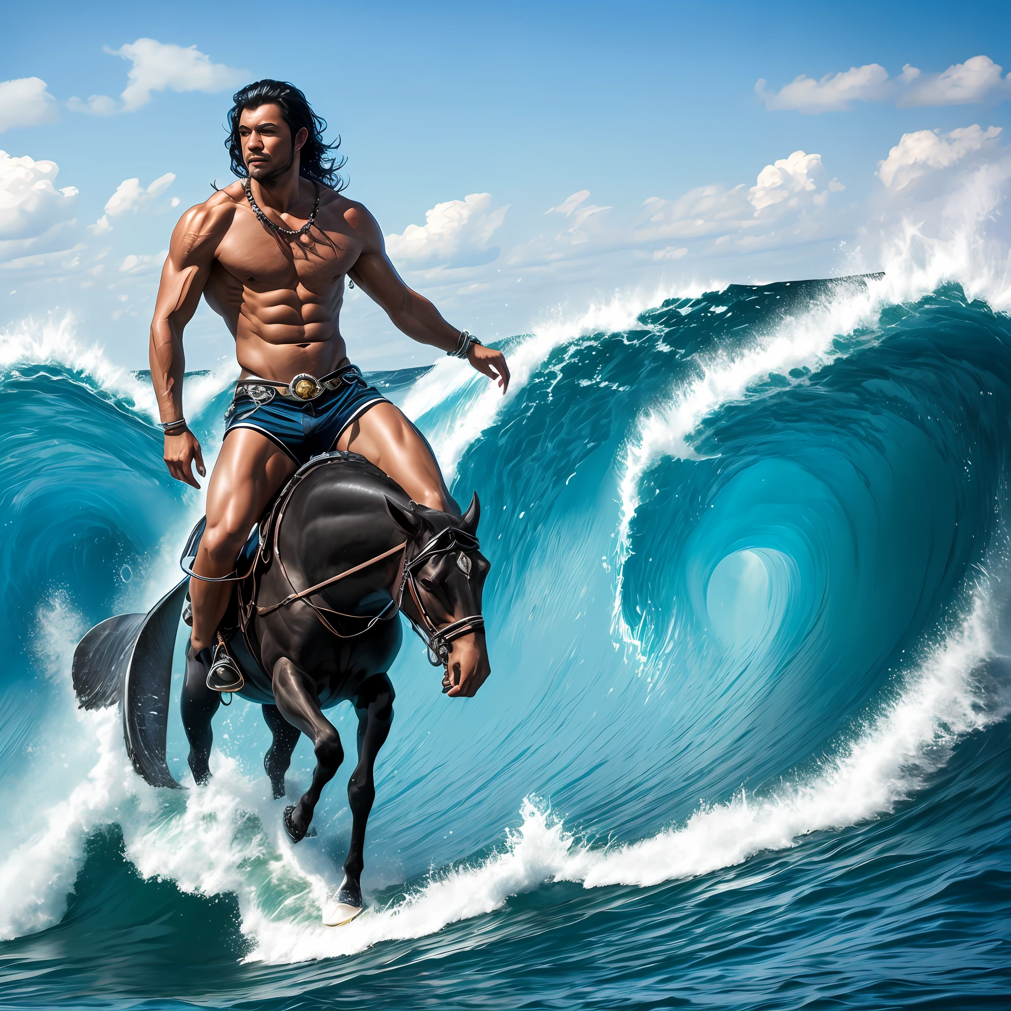 God of the Sea, The god of fisheries, black hair, young, thin, riding the wave, sea breeze, Realistic anatomy, HighQuality, realism, masterpiece --auto