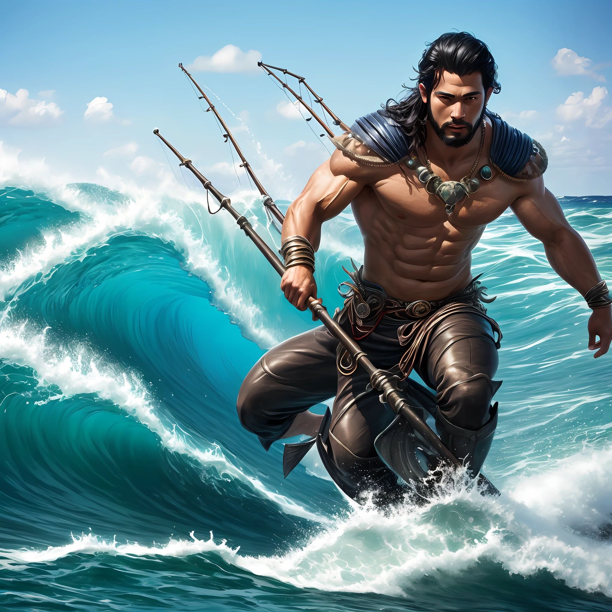 God of the Sea, The god of fisheries, black hair, young, thin, riding the wave, sea breeze, Realistic anatomy, HighQuality, realism, masterpiece --auto