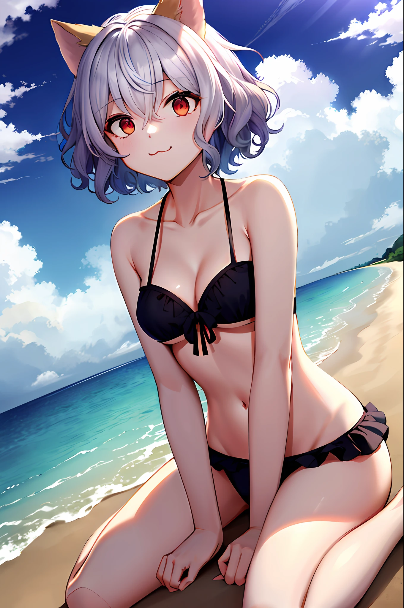 masterpiece, best quality, highres, neferpitou1, cat ears, (cat tail:0.8), solo, short hair, red eyes, hair between eyes, :3, curly hair, cat girl, frill_bikini, beach, day, cloud, wariza,