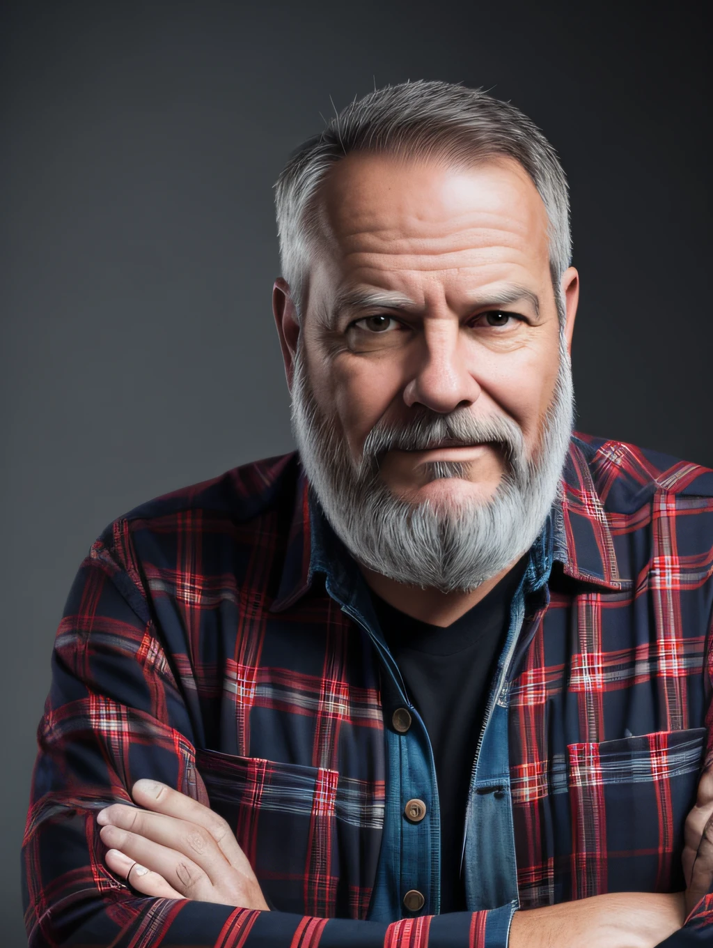 Portrait of a middle-aged man, face skin detalados, wrinkles of expressionbeard gray lumberjack style, raw leather jacket, plaid shirt, stiff countenance. Ultra detailed scene, dslr camera with 50mm Lens, soft studio lighting