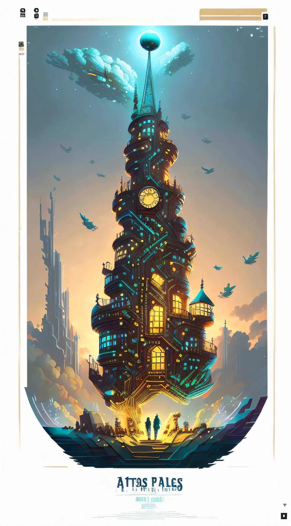 there is a large tower with a clock on it in the sky, Estilo Andreas Rocha, Vencedor do concurso Artstation, bordas ornamentadas + arte conceitual, inspirado em Andreas Rocha, Torre Steampunk Gigante e Imponente, illustration concept art, concept art illustration, Arte conceitual da torre medieval gigante, cloud palace, Silvain Sarrailh, arte conceitual | RHADS